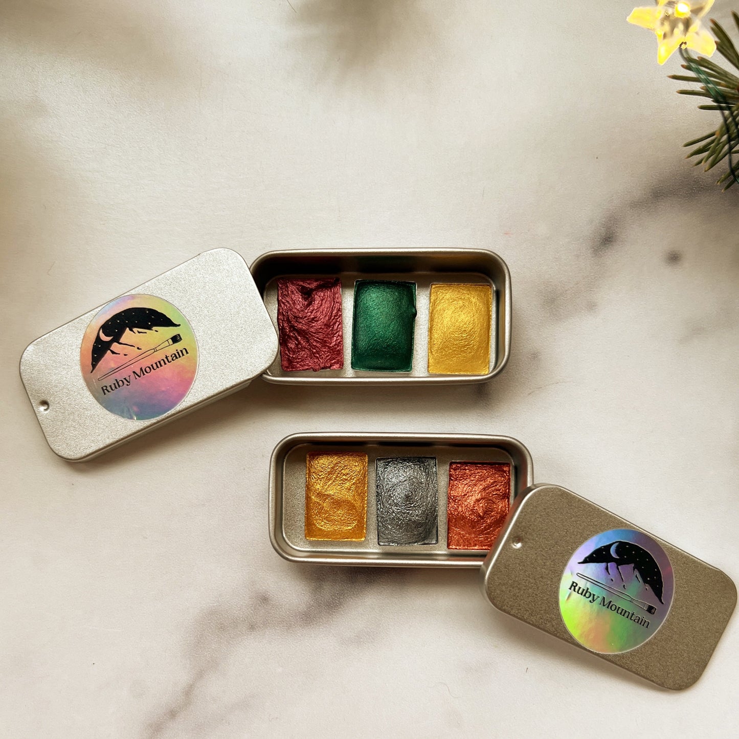 Tiny Stocking Stuffer Palettes, three mini pans of festive watercolors