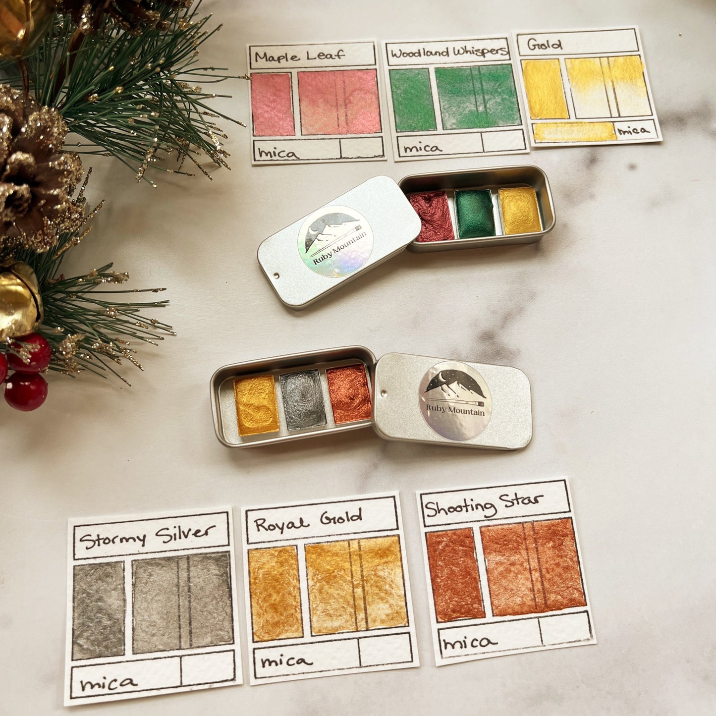 Tiny Stocking Stuffer Palettes, three mini pans of festive watercolors