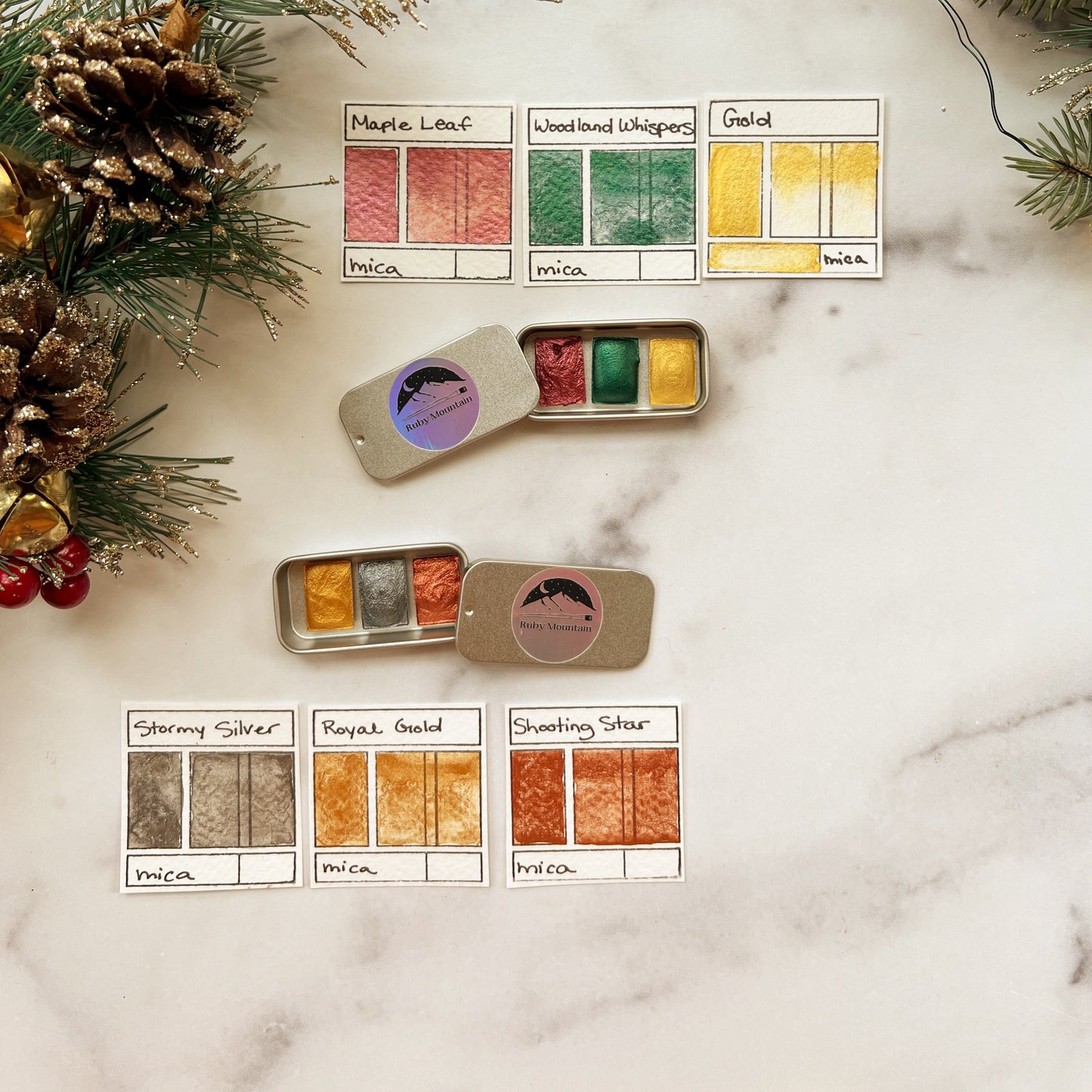 Tiny Stocking Stuffer Palettes, three mini pans of festive watercolors