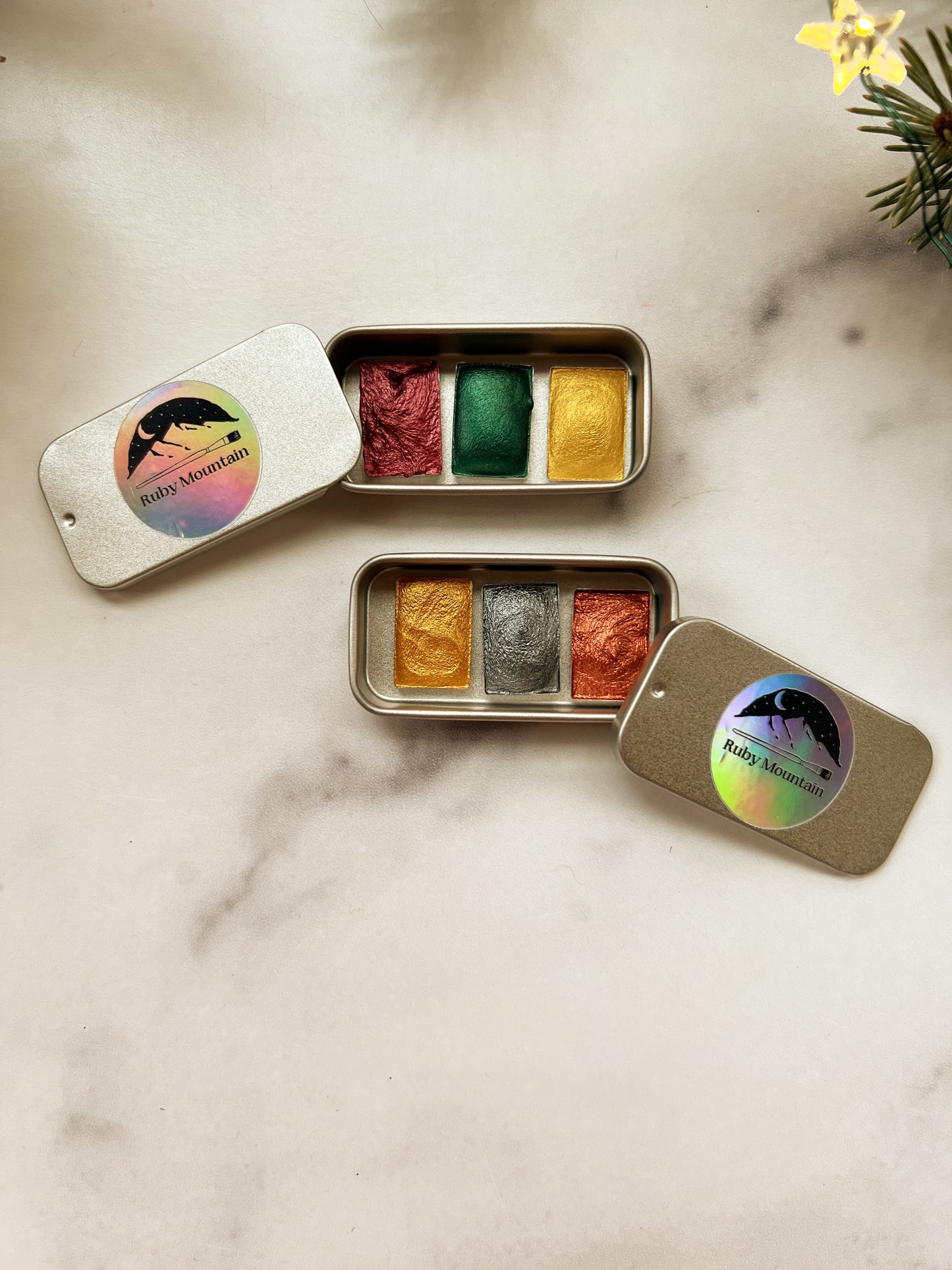 Tiny Stocking Stuffer Palettes, three mini pans of festive watercolors