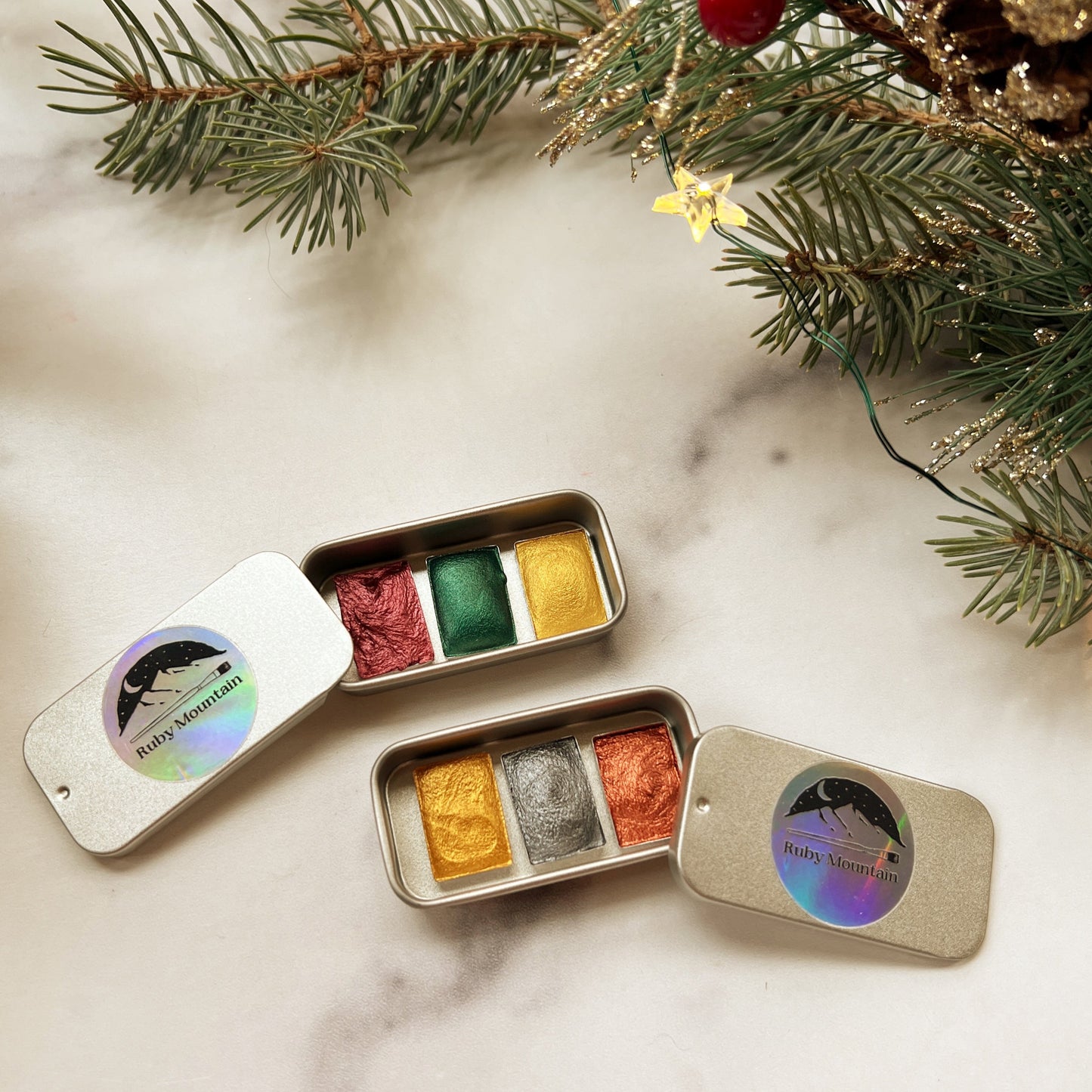 Tiny Stocking Stuffer Palettes, three mini pans of festive watercolors