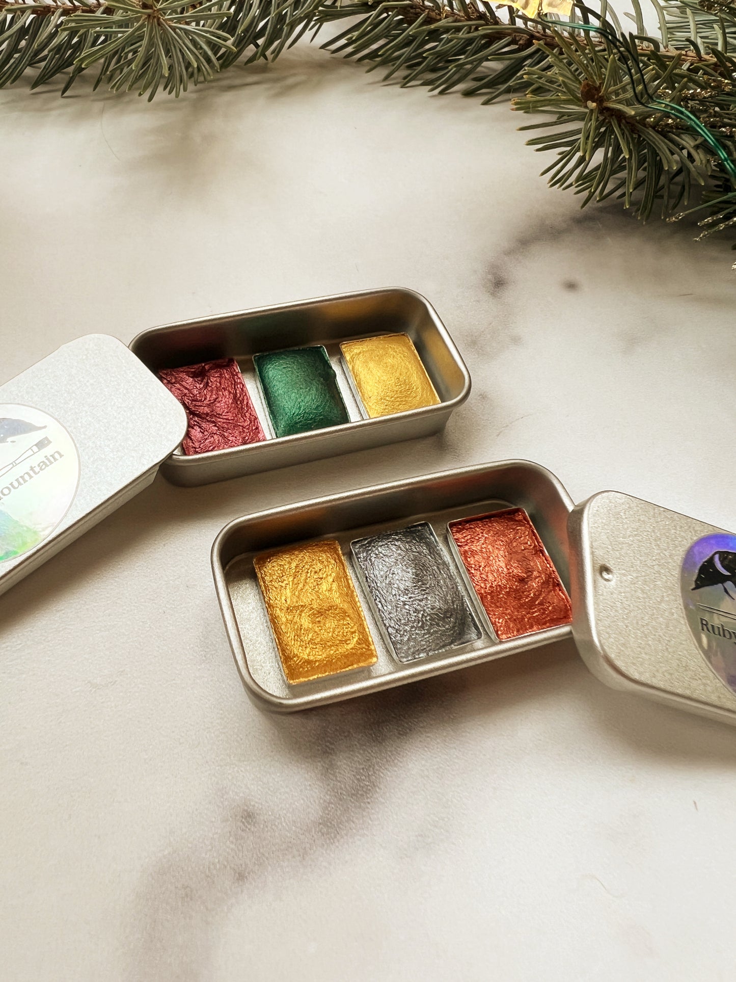 Tiny Stocking Stuffer Palettes, three mini pans of festive watercolors