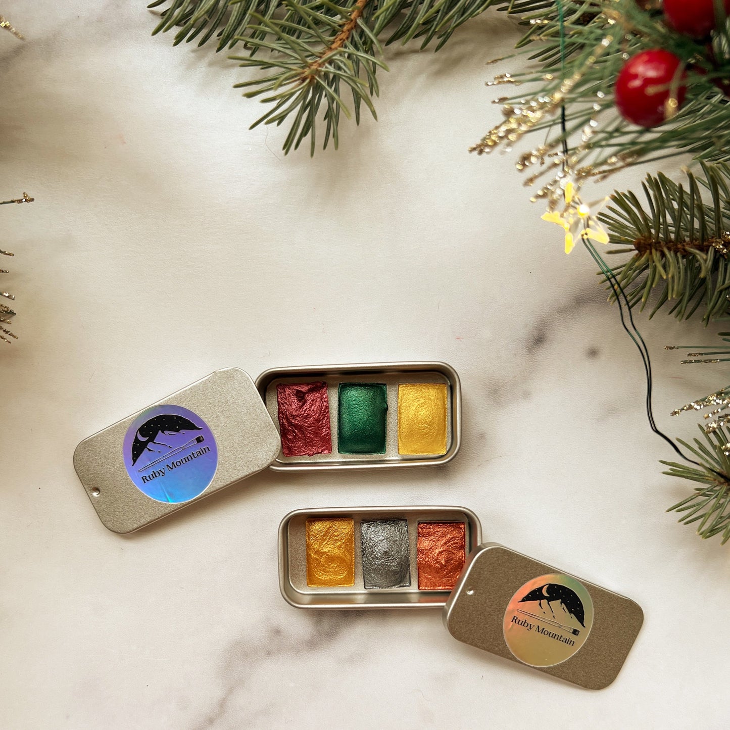 Tiny Stocking Stuffer Palettes, three mini pans of festive watercolors