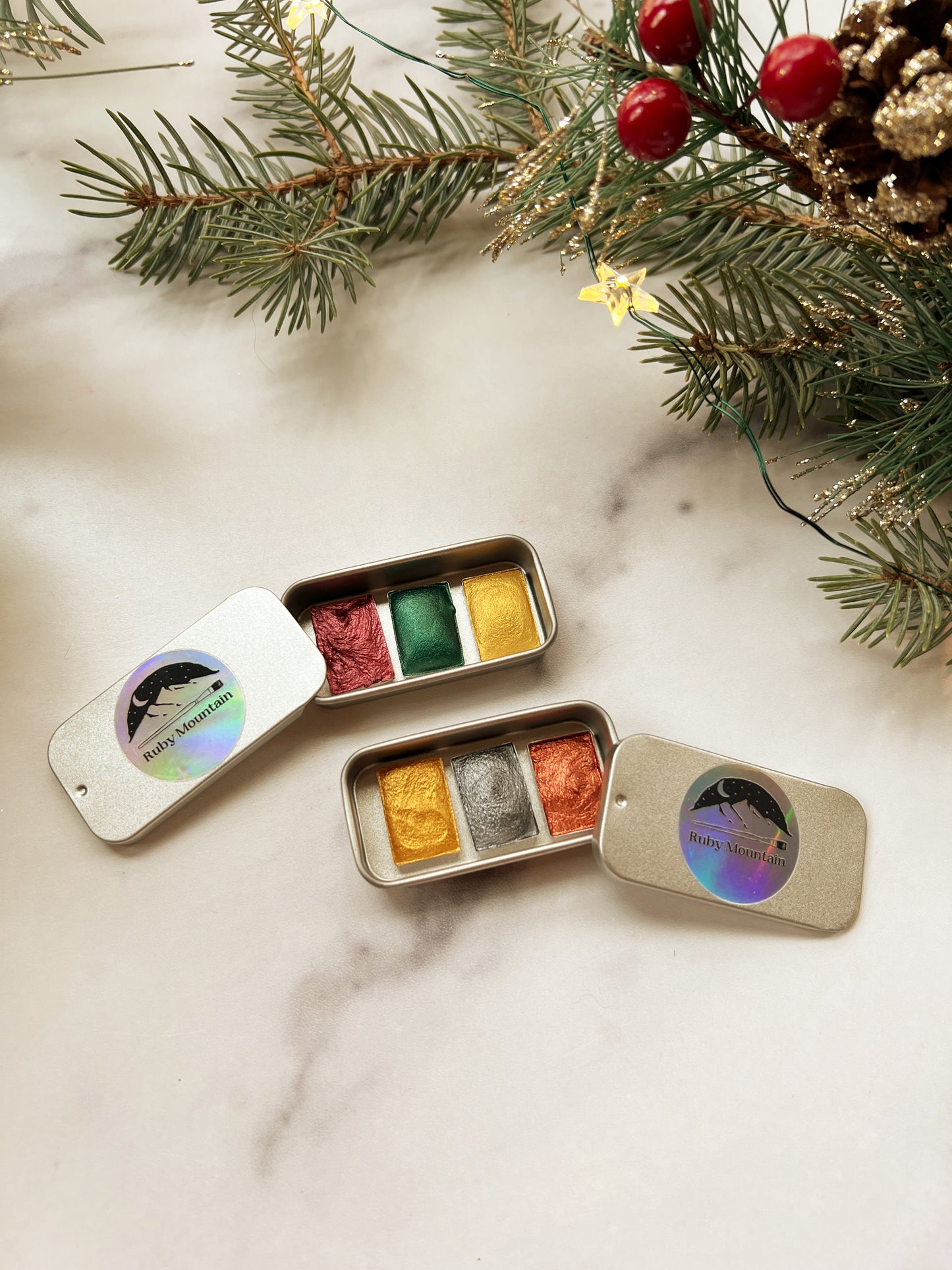 Tiny Stocking Stuffer Palettes, three mini pans of festive watercolors