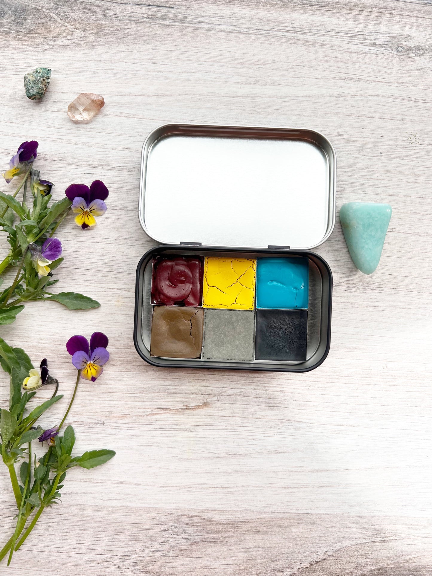 Simple Primary Palette, 6 colors of handmade paint in a travel tin