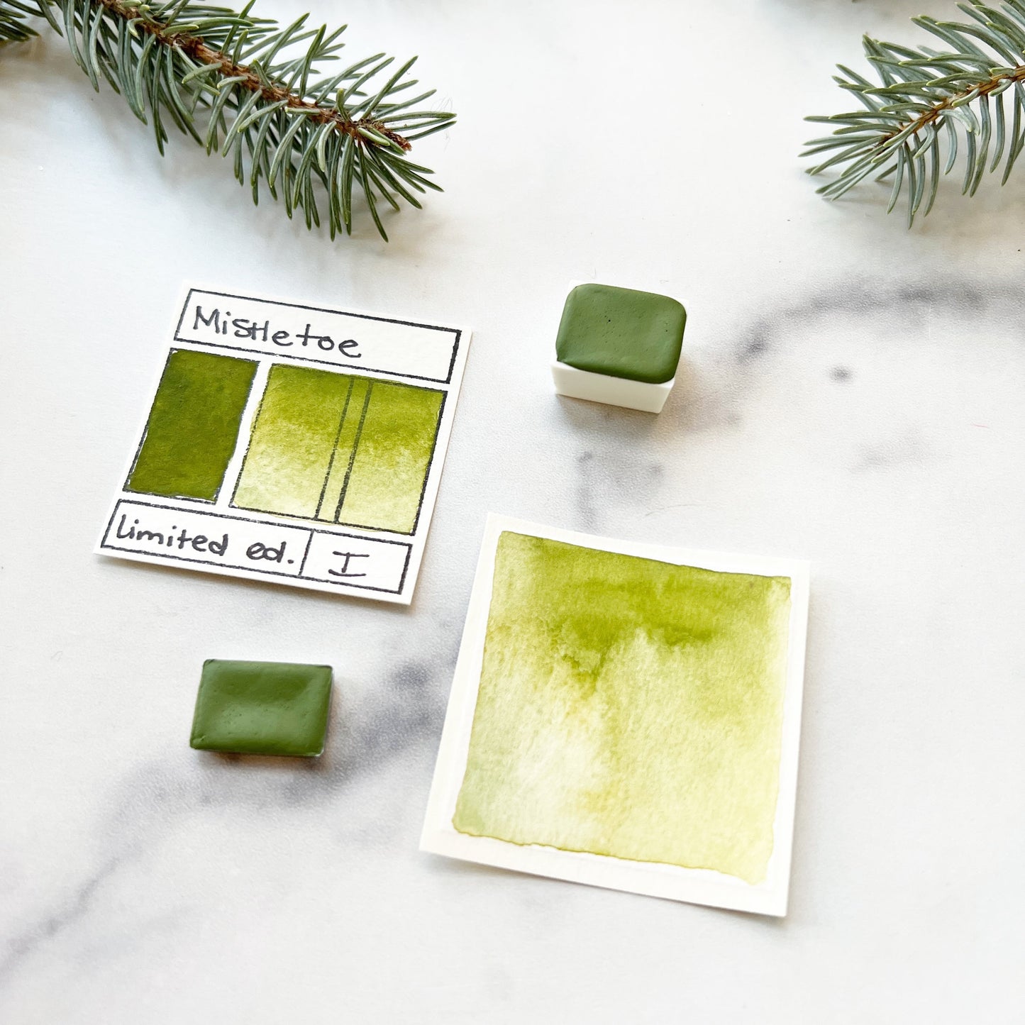 Mistletoe. Half pan, full pan or bottle cap of handmade watercolor paint