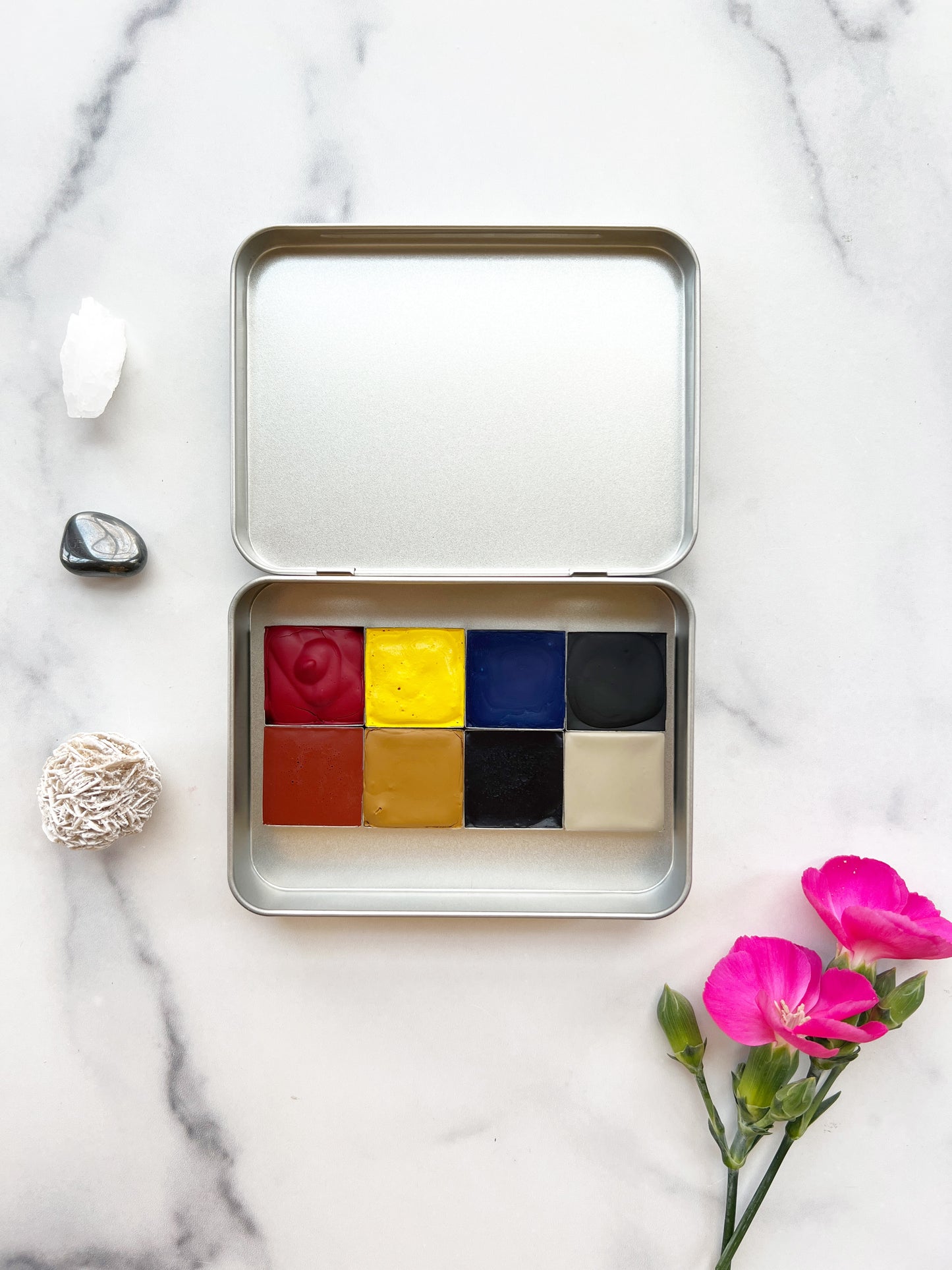 Mountain Primaries Set, an eight color palette of handmade watercolor paint