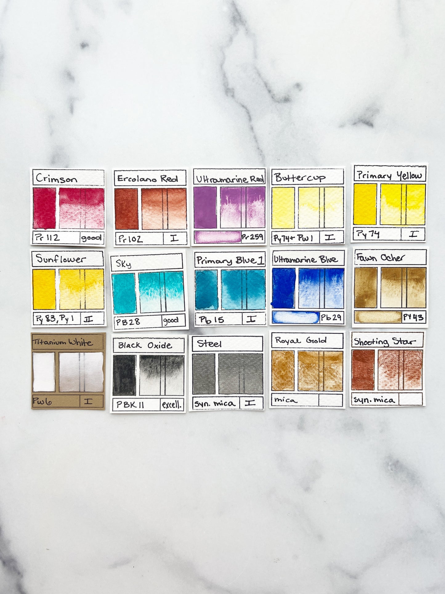 Primary 15 Palette, a fifteen color set of handmade watercolor paint