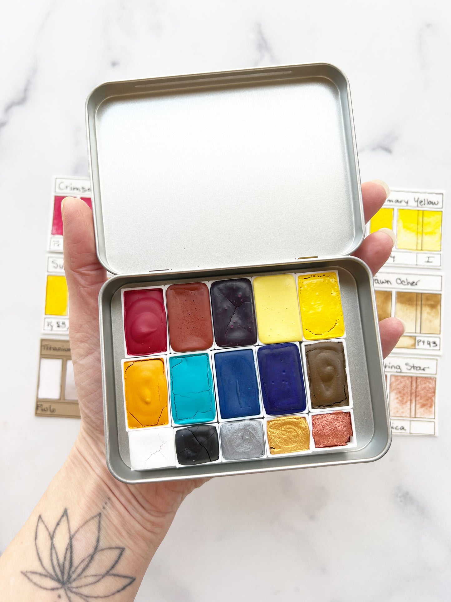 Primary 15 Palette, a fifteen color set of handmade watercolor paint