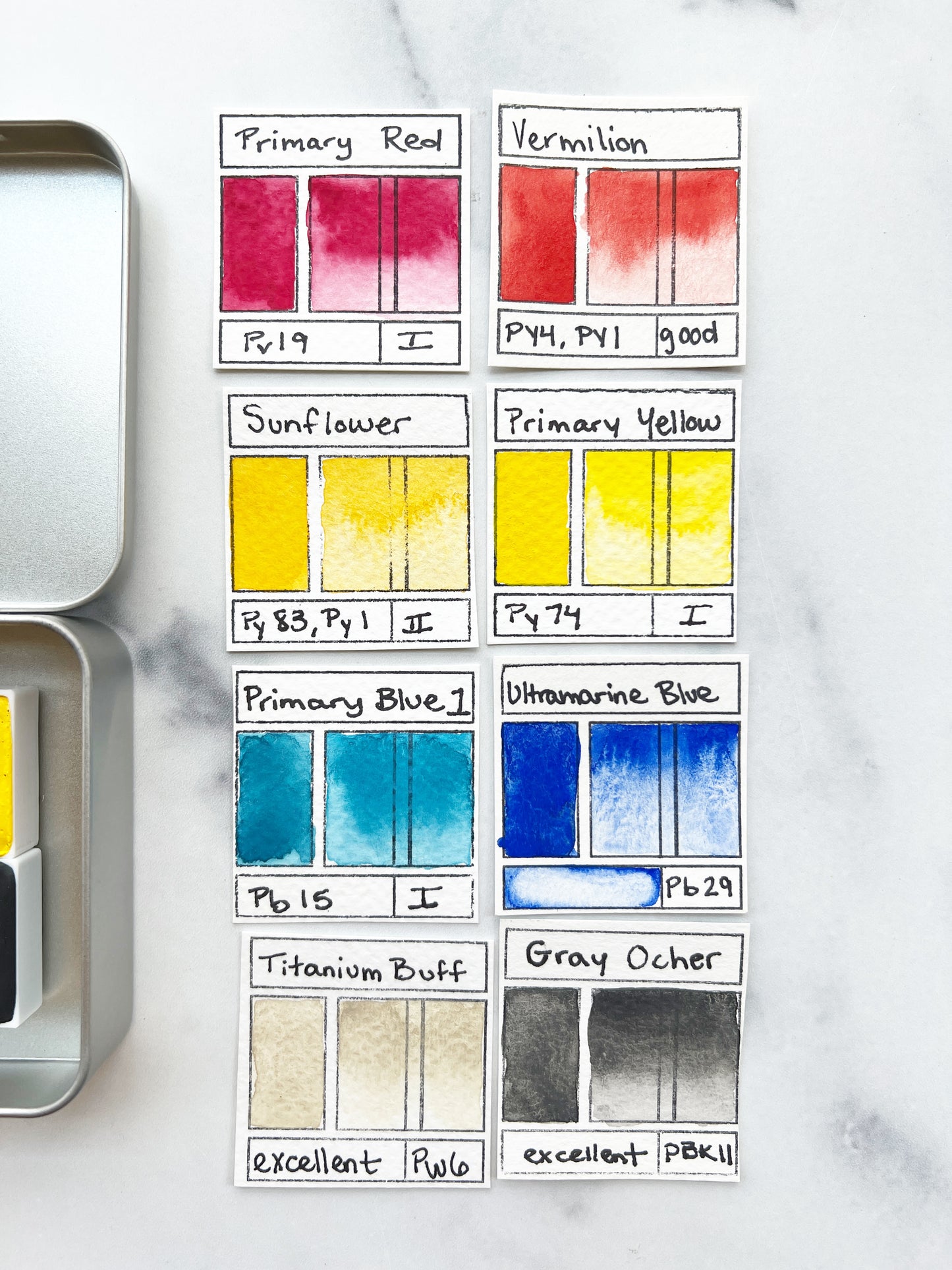 Primary 8 Full Pan Set, a full pan palette of handmade watercolor paint