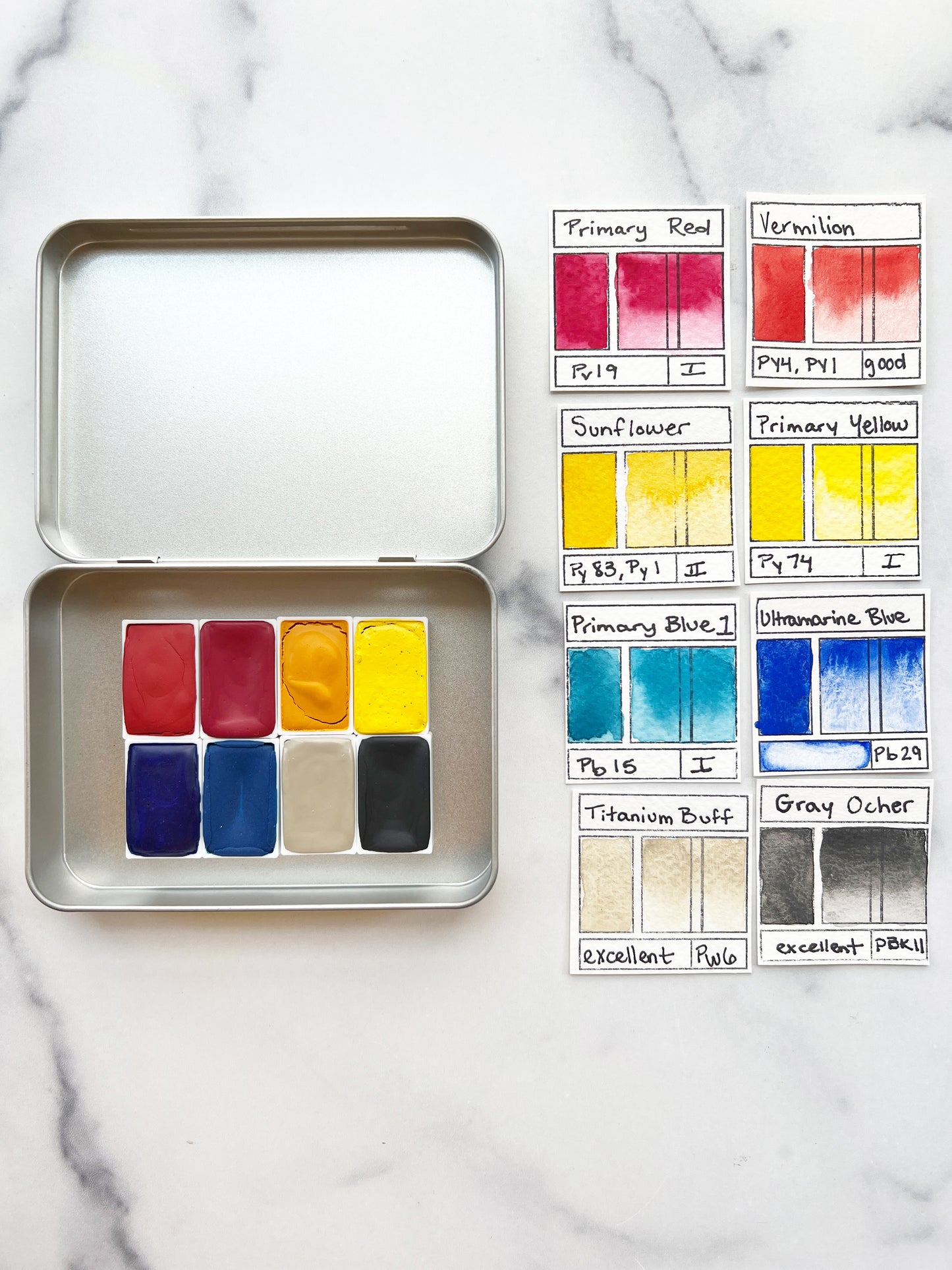 Primary 8 Full Pan Set, a full pan palette of handmade watercolor paint