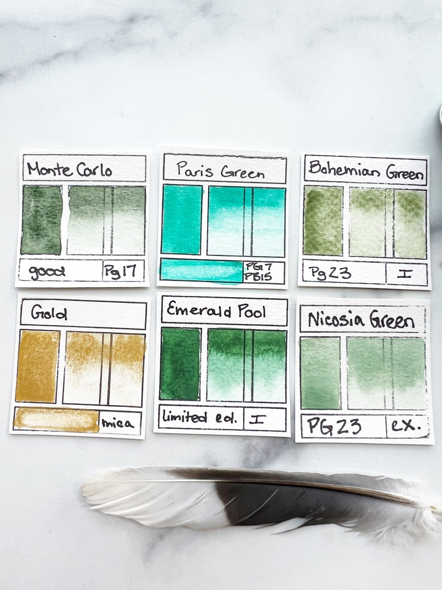 Spring Greens, a monochromatic palette of handmade watercolors