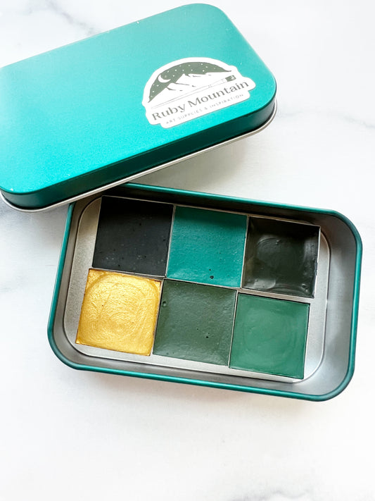 Spring Greens, a monochromatic palette of handmade watercolors