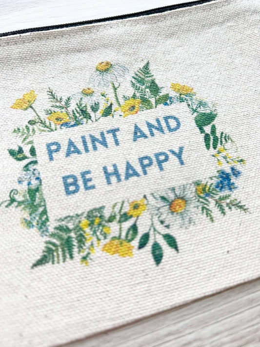 Blue and Yellow Floral Paint and Be Happy Canvas Zip Pouch 5" x 7"