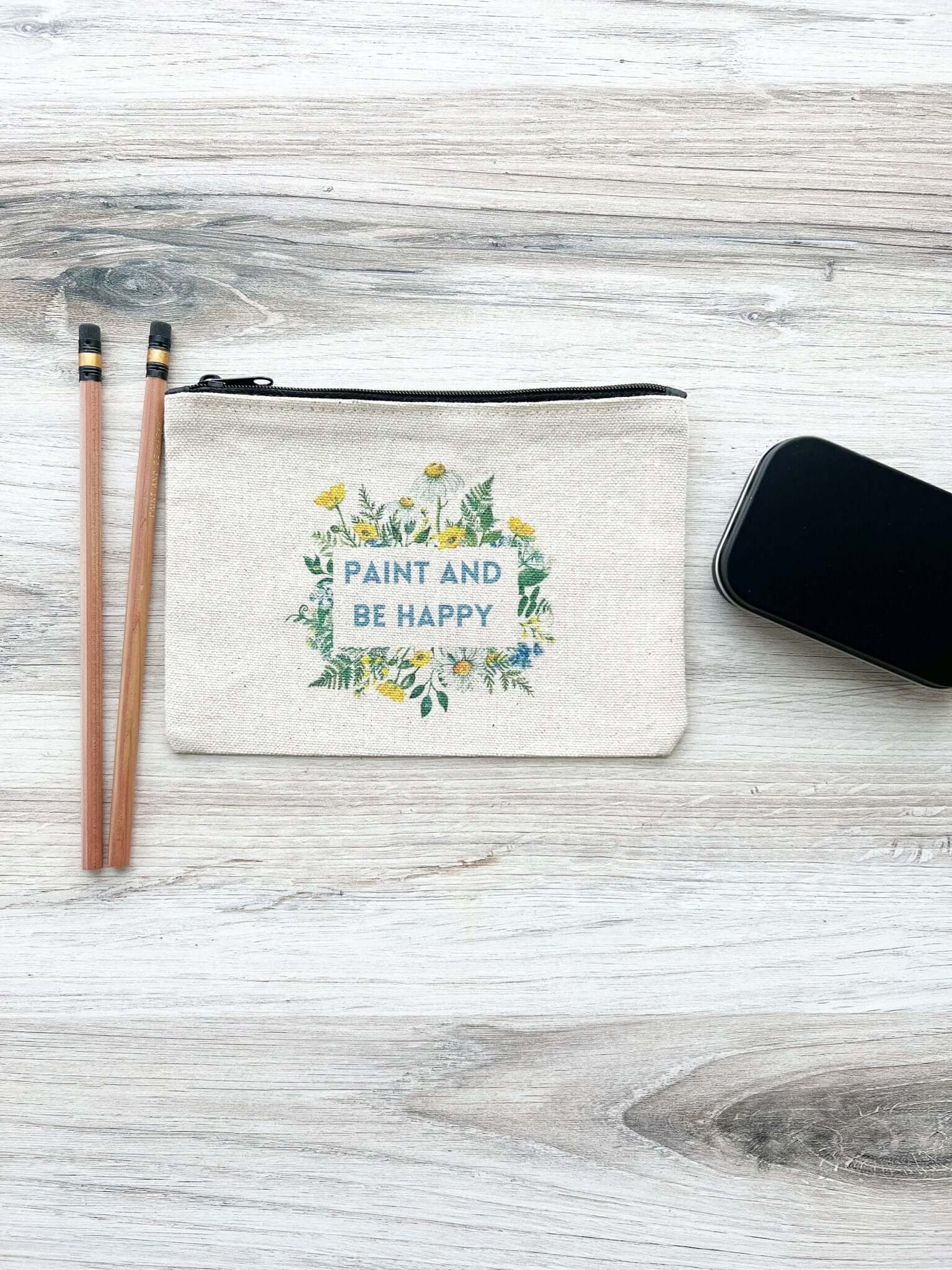 Blue and Yellow Floral Paint and Be Happy Canvas Zip Pouch 5" x 7"