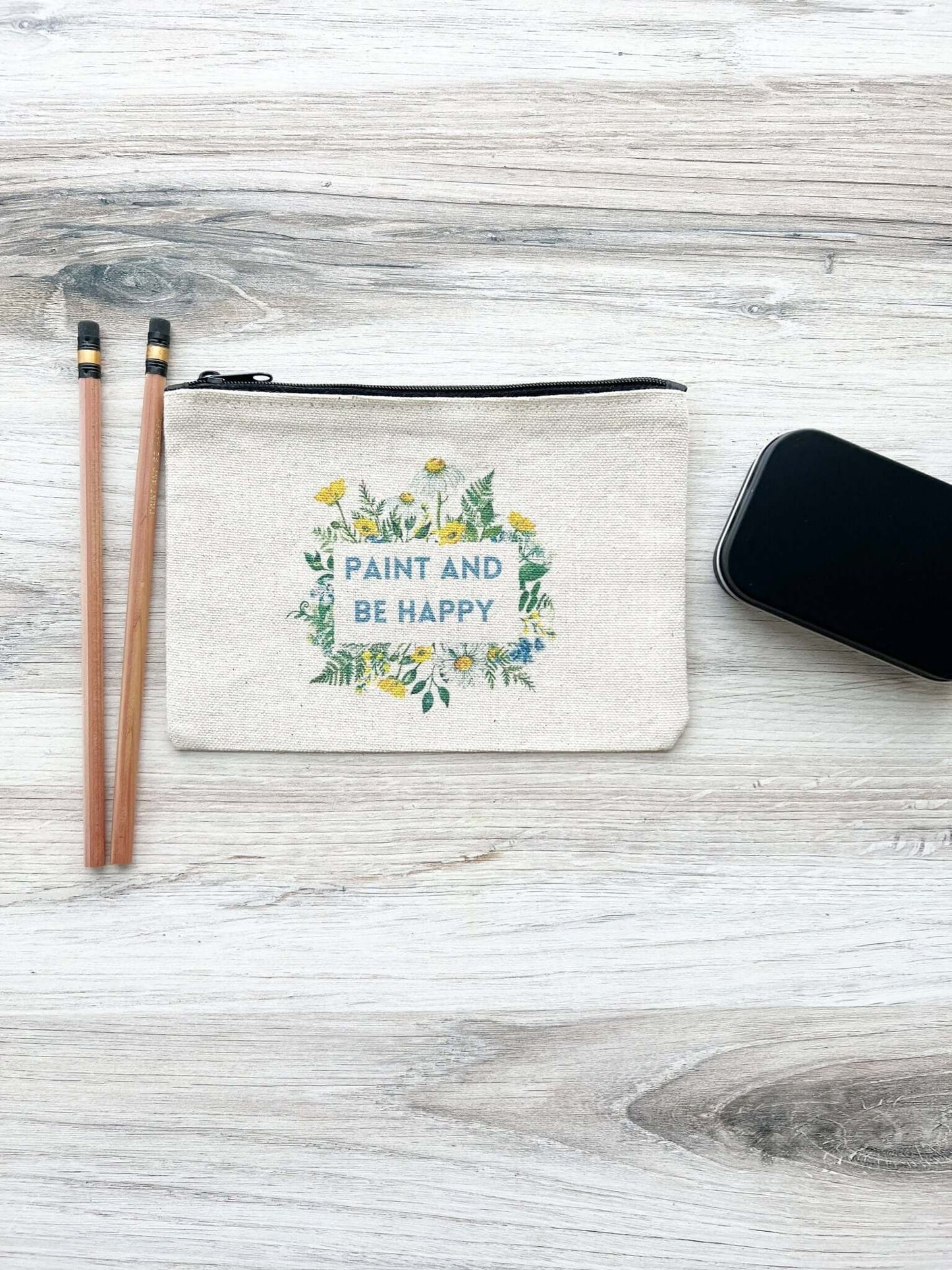 Blue and Yellow Floral Paint and Be Happy Canvas Zip Pouch 5" x 7"