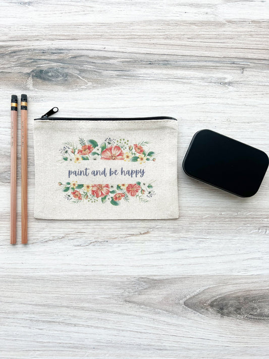 Red Floral Paint and Be Happy Canvas Zip Pouch 5" x 7"
