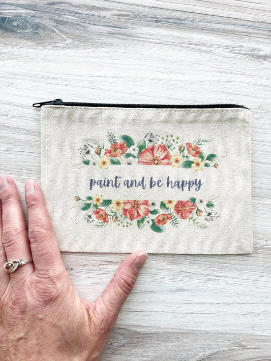 Red Floral Paint and Be Happy Canvas Zip Pouch 5" x 7"