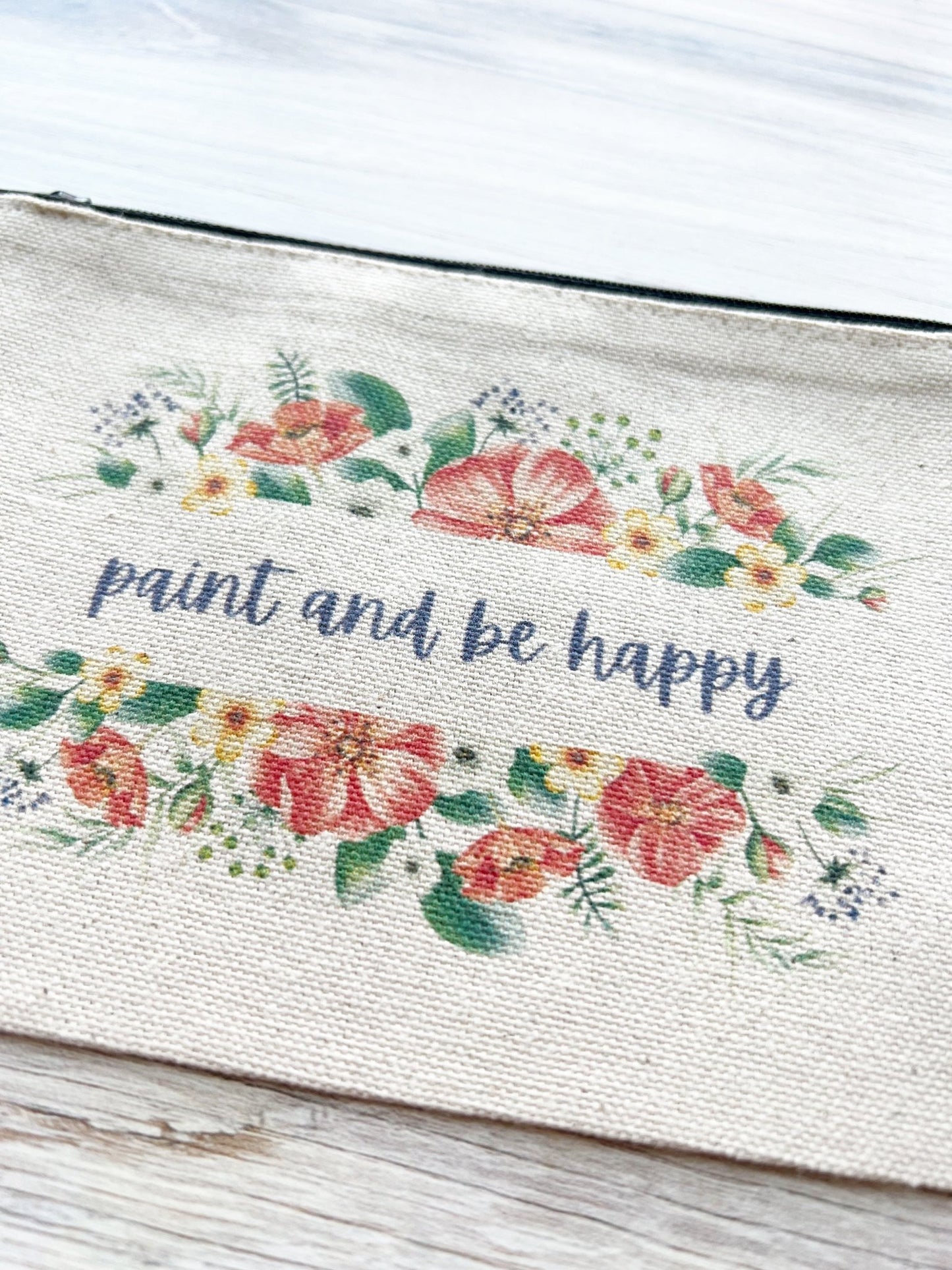 Red Floral Paint and Be Happy Canvas Zip Pouch 5" x 7"