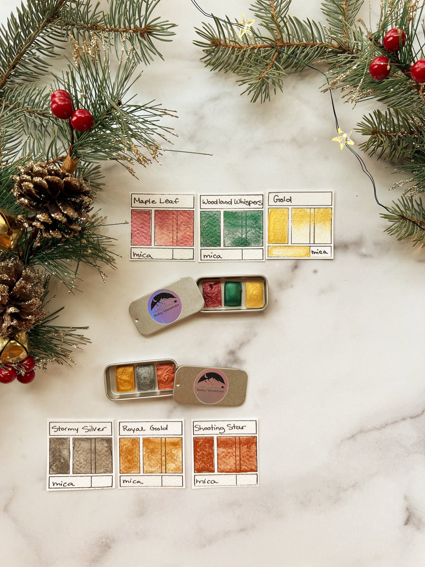 Tiny Stocking Stuffer Palettes, three mini pans of festive watercolors