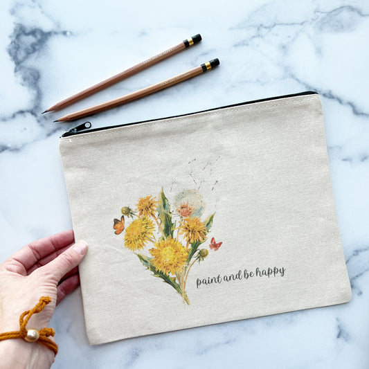 Large Paint and Be Happy Canvas Travel Pouch with Dandelions, 8.5" x 11"