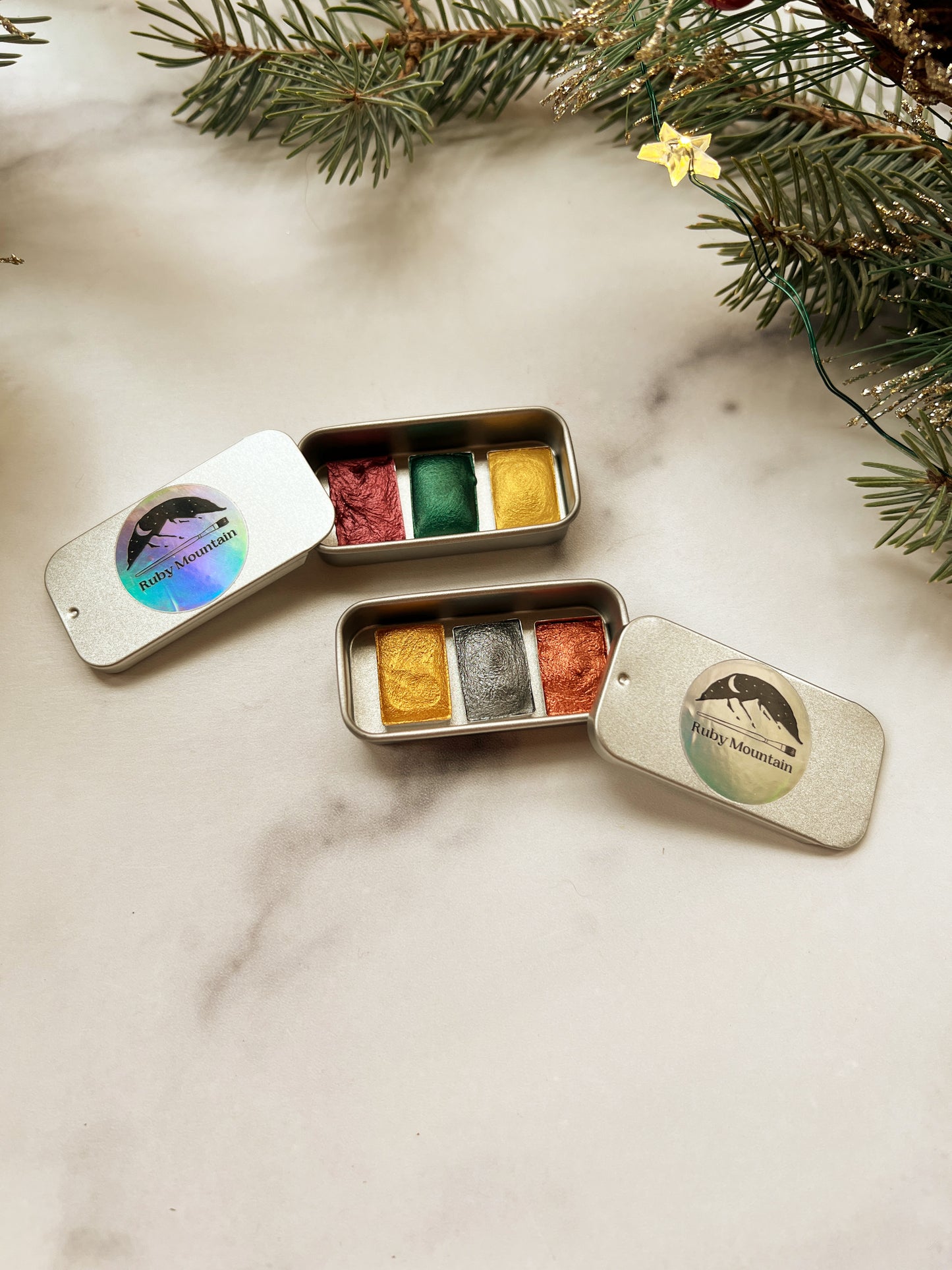 Tiny Stocking Stuffer Palettes, three mini pans of festive watercolors