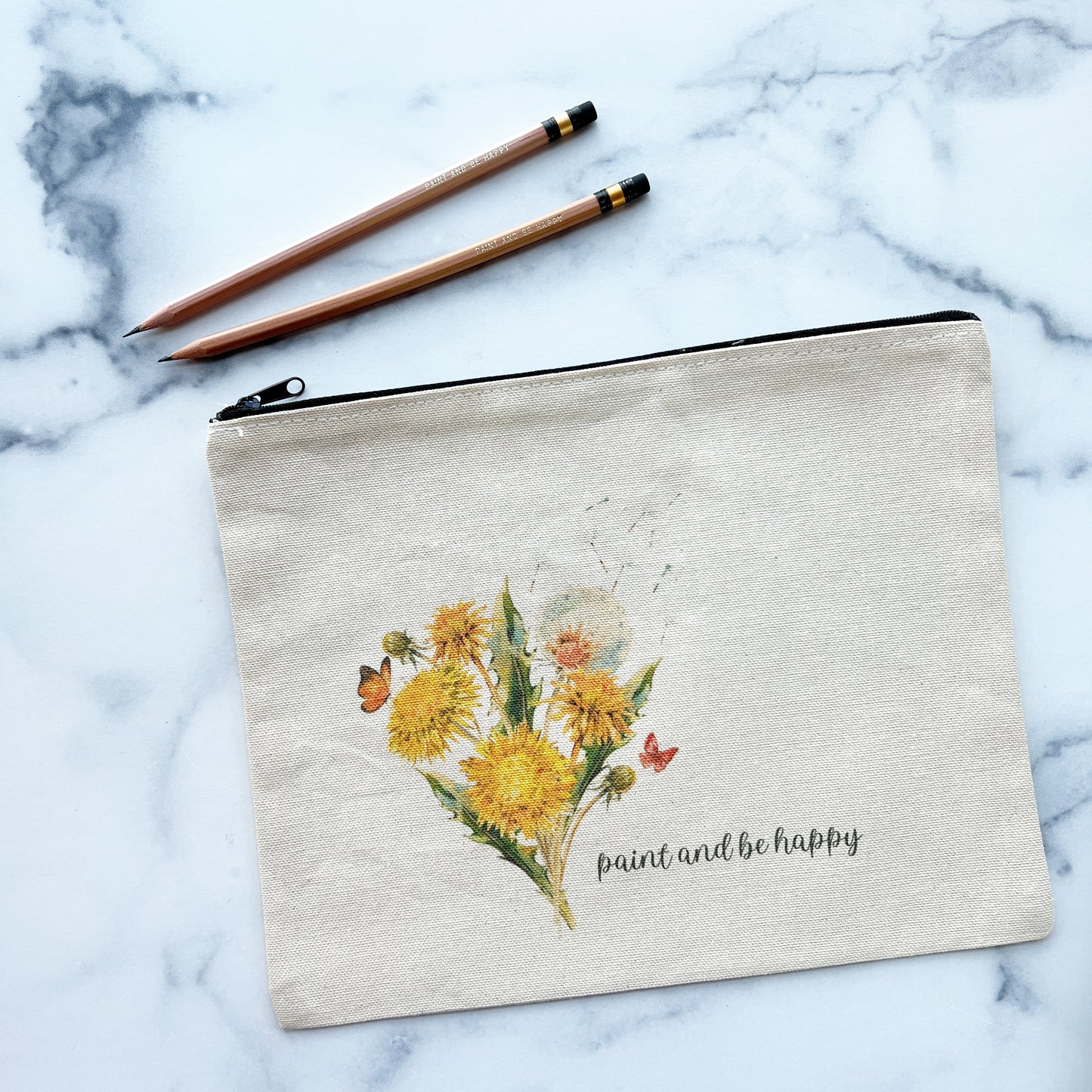 Large Paint and Be Happy Canvas Travel Pouch with Dandelions, 8.5" x 11"