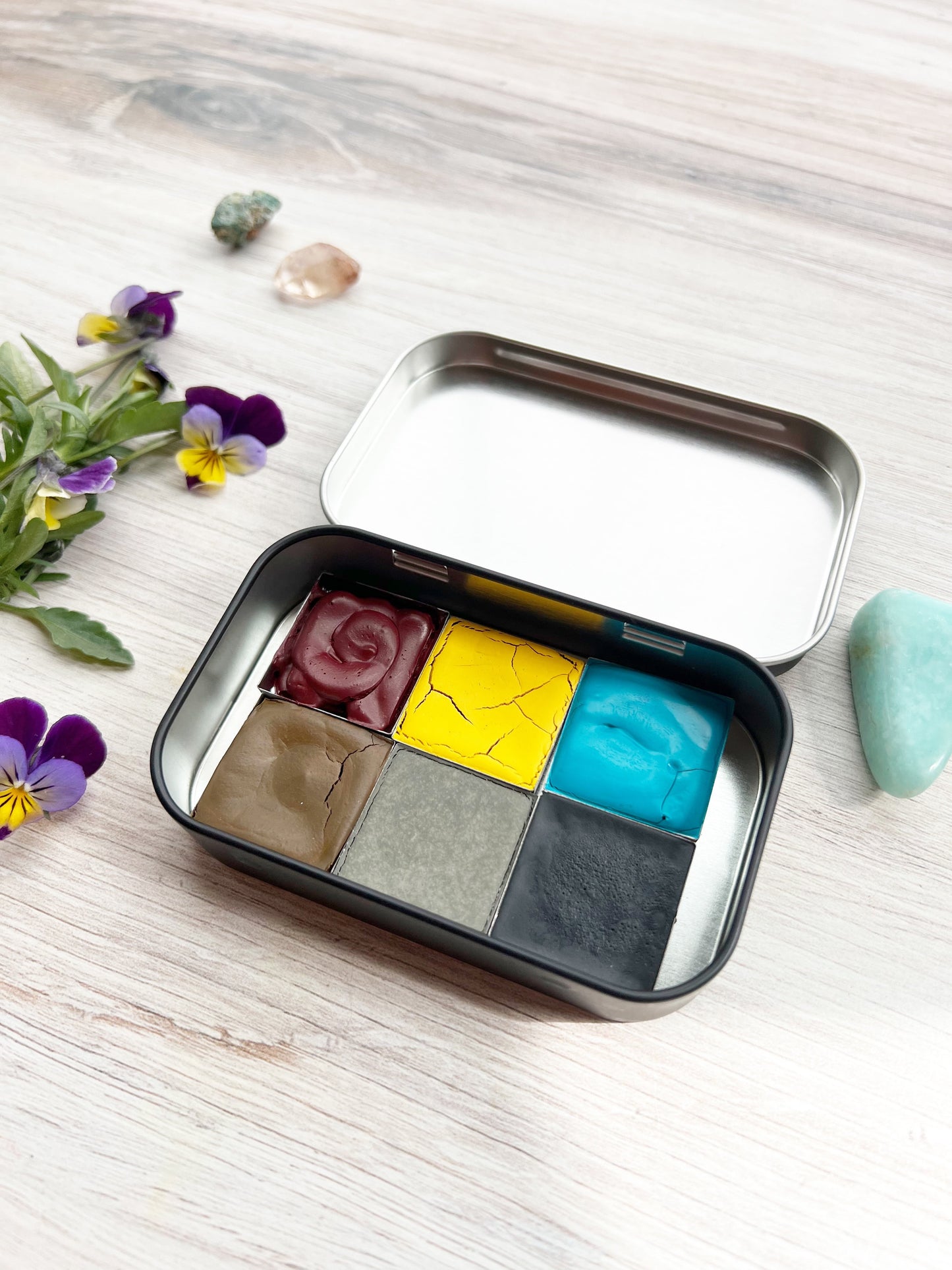 Simple Primary Palette, 6 colors of handmade paint in a travel tin