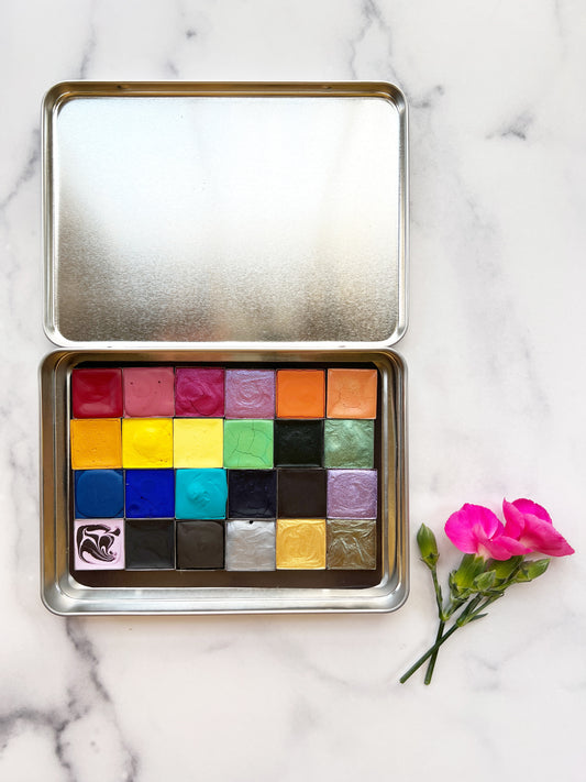 Spring Breezes Palette, 24 square pans of watercolor paint in a silver tin