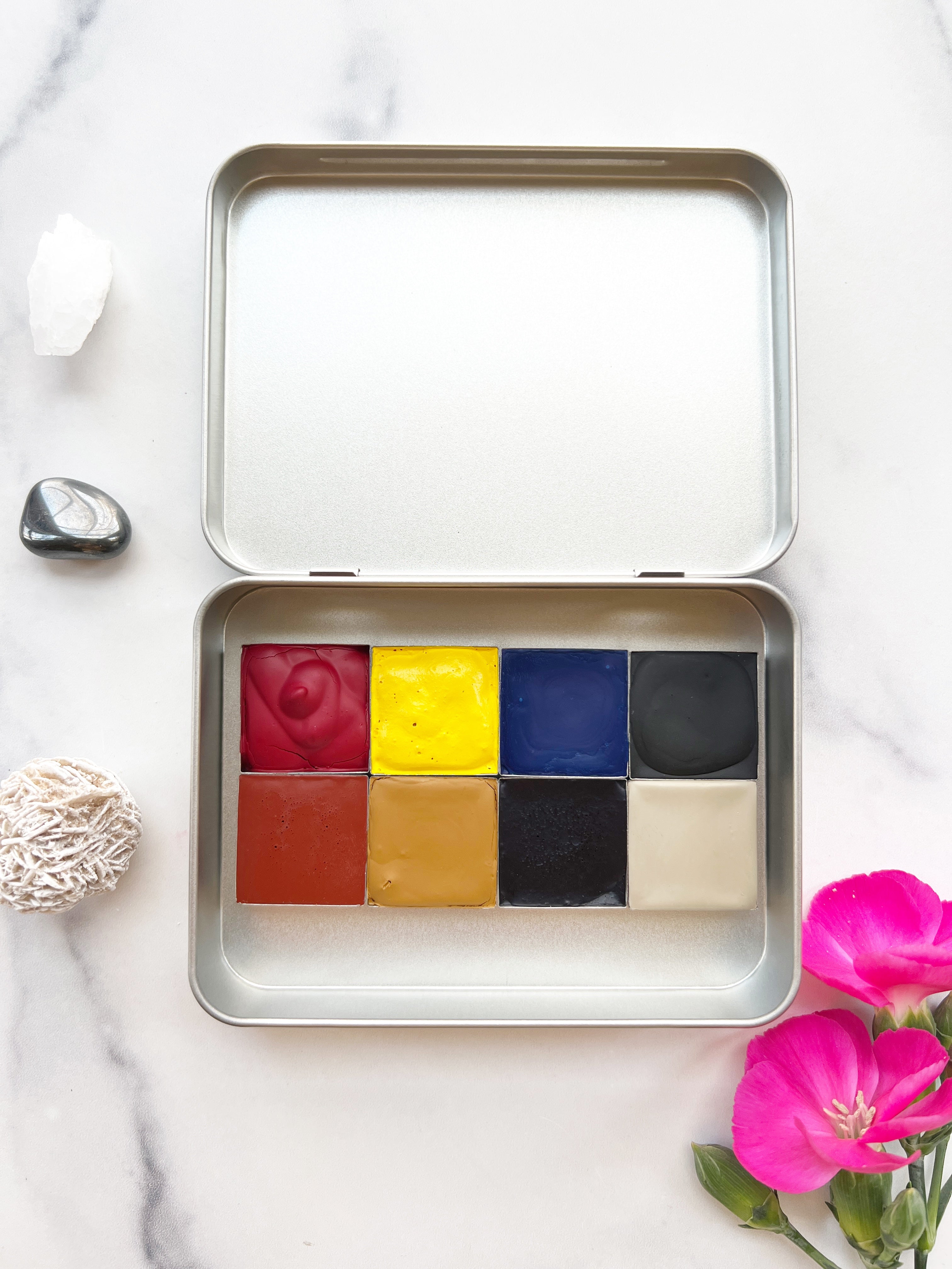 Mountain Primaries Set, an eight color palette of handmade watercolor paint