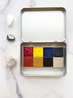 Mountain Primaries Set, an eight color palette of handmade watercolor paint