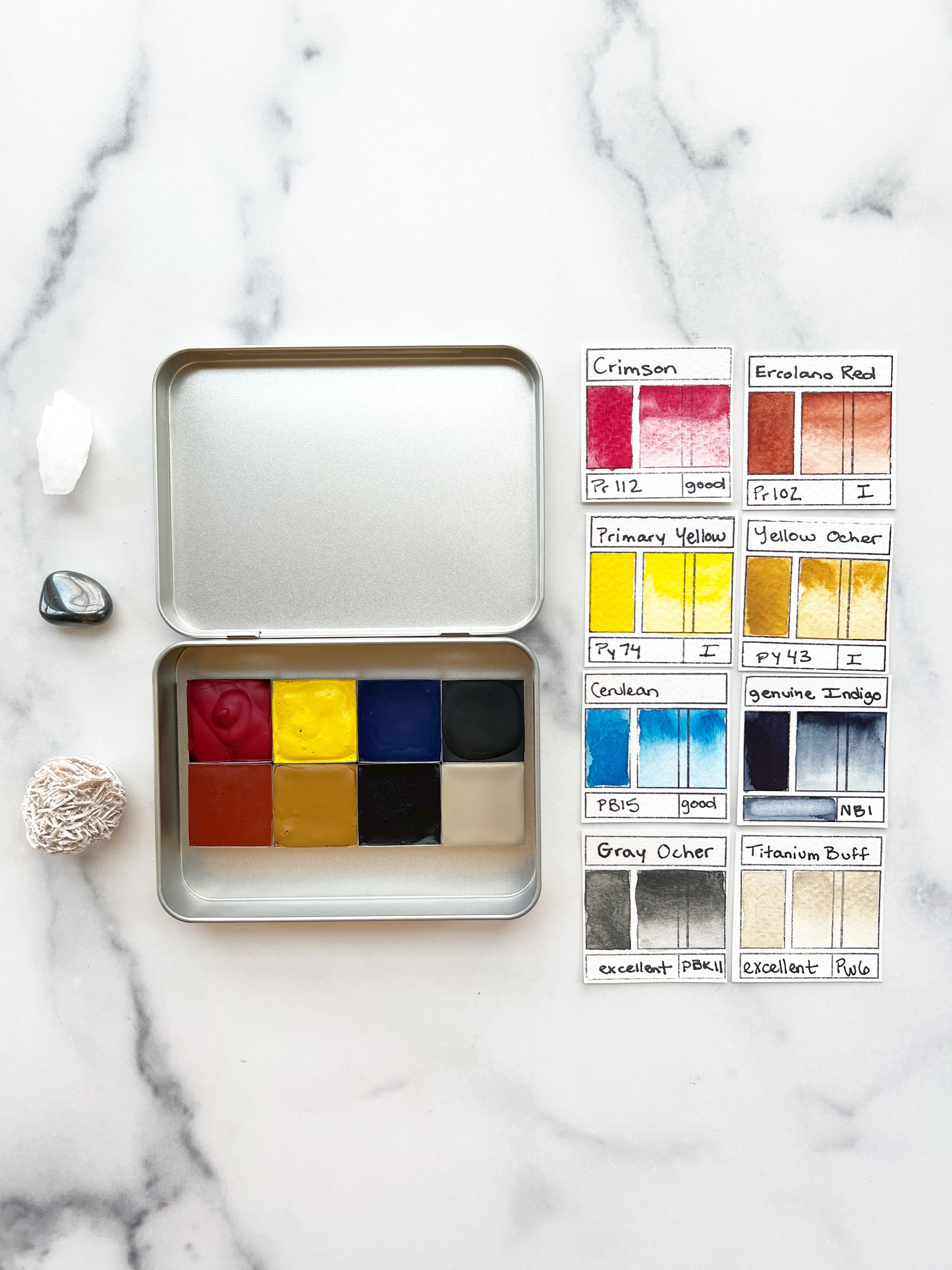 Mountain Primaries Set, an eight color palette of handmade watercolor paint
