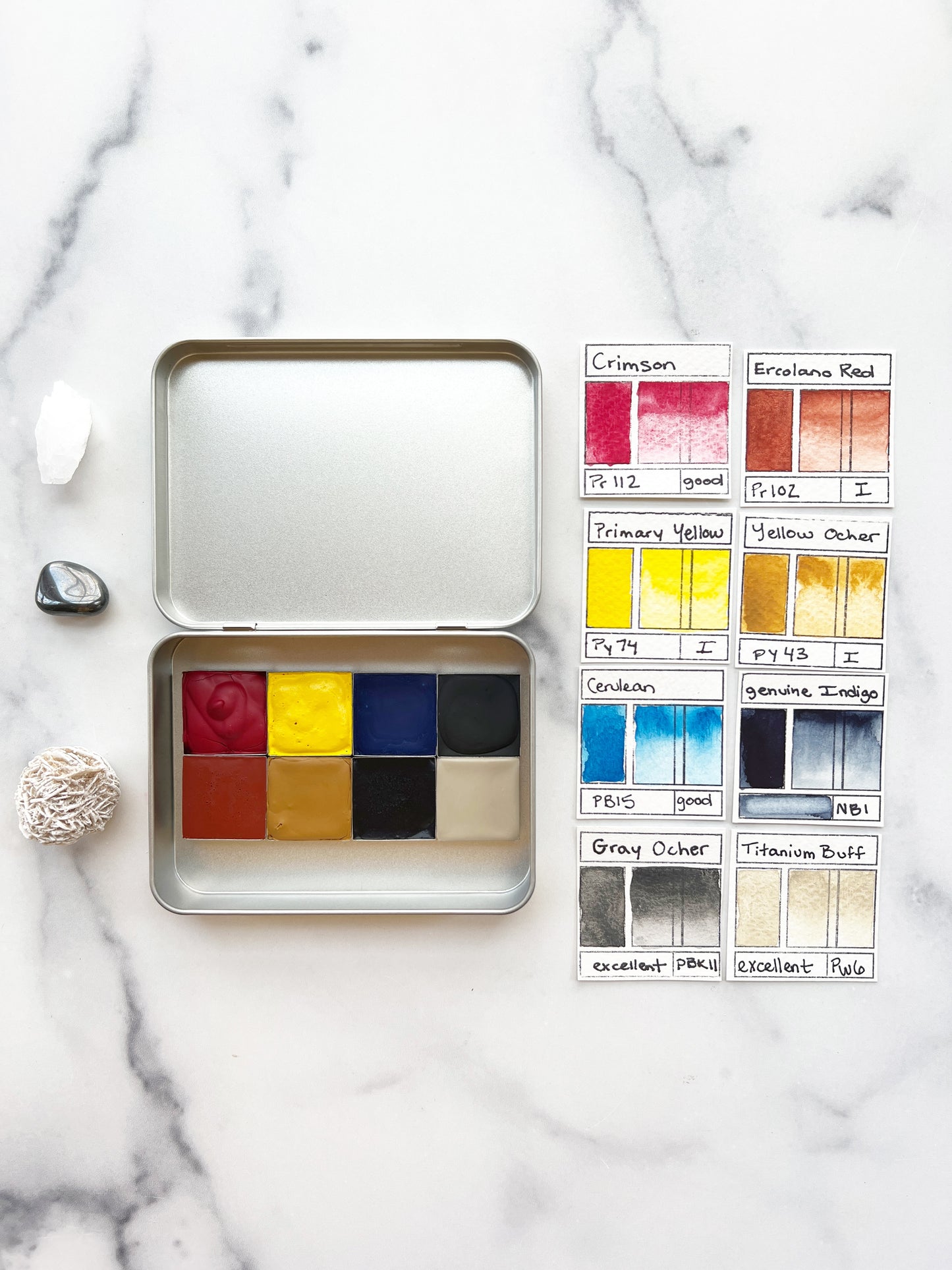 Mountain Primaries Set, an eight color palette of handmade watercolor paint
