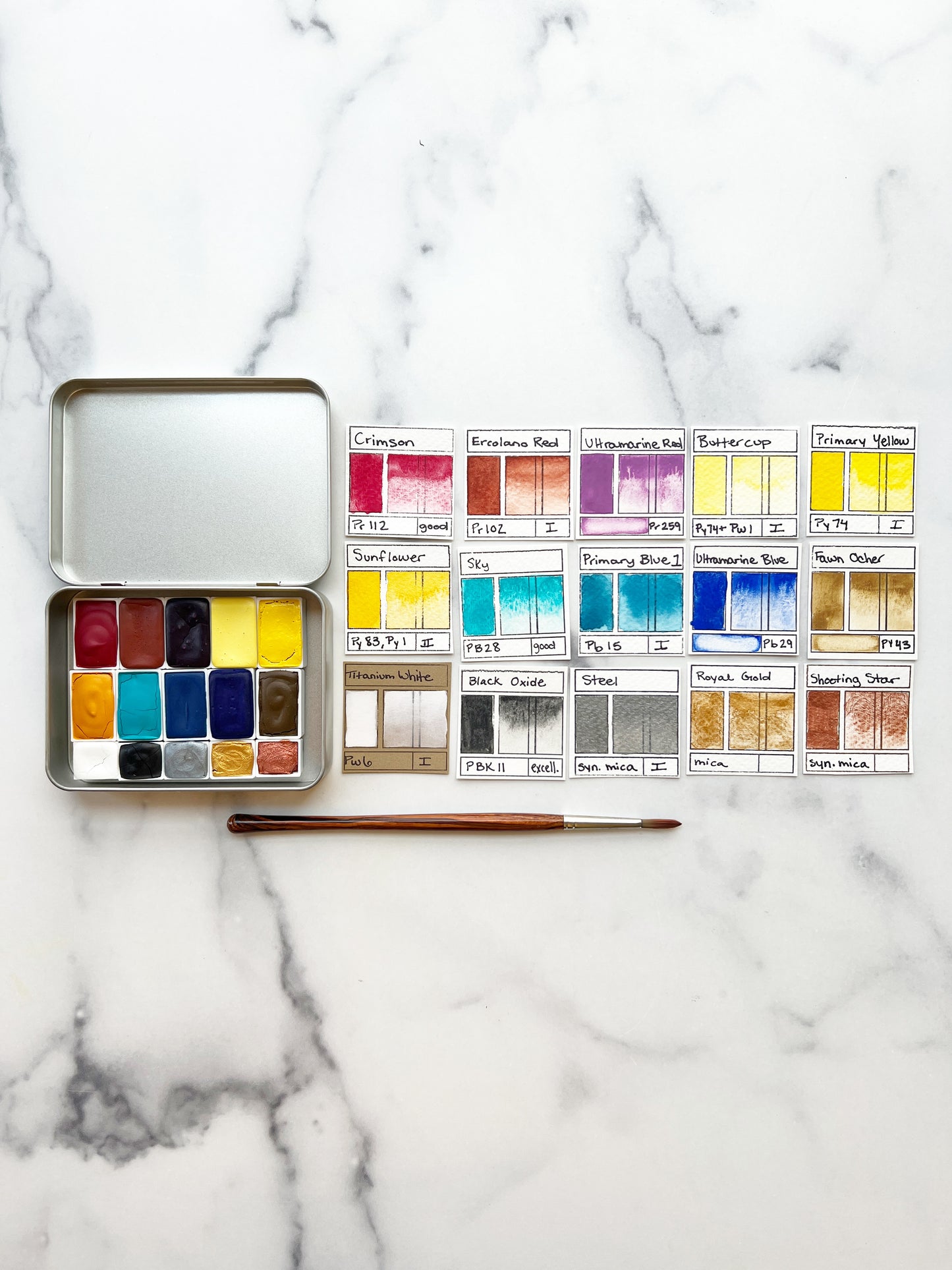 Primary 15 Palette, a fifteen color set of handmade watercolor paint