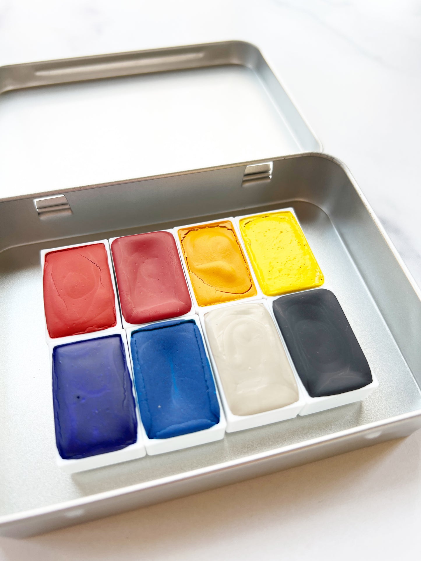 Primary 8 Full Pan Set, a full pan palette of handmade watercolor paint