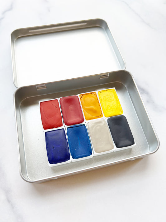 Primary 8 Full Pan Set, a full pan palette of handmade watercolor paint