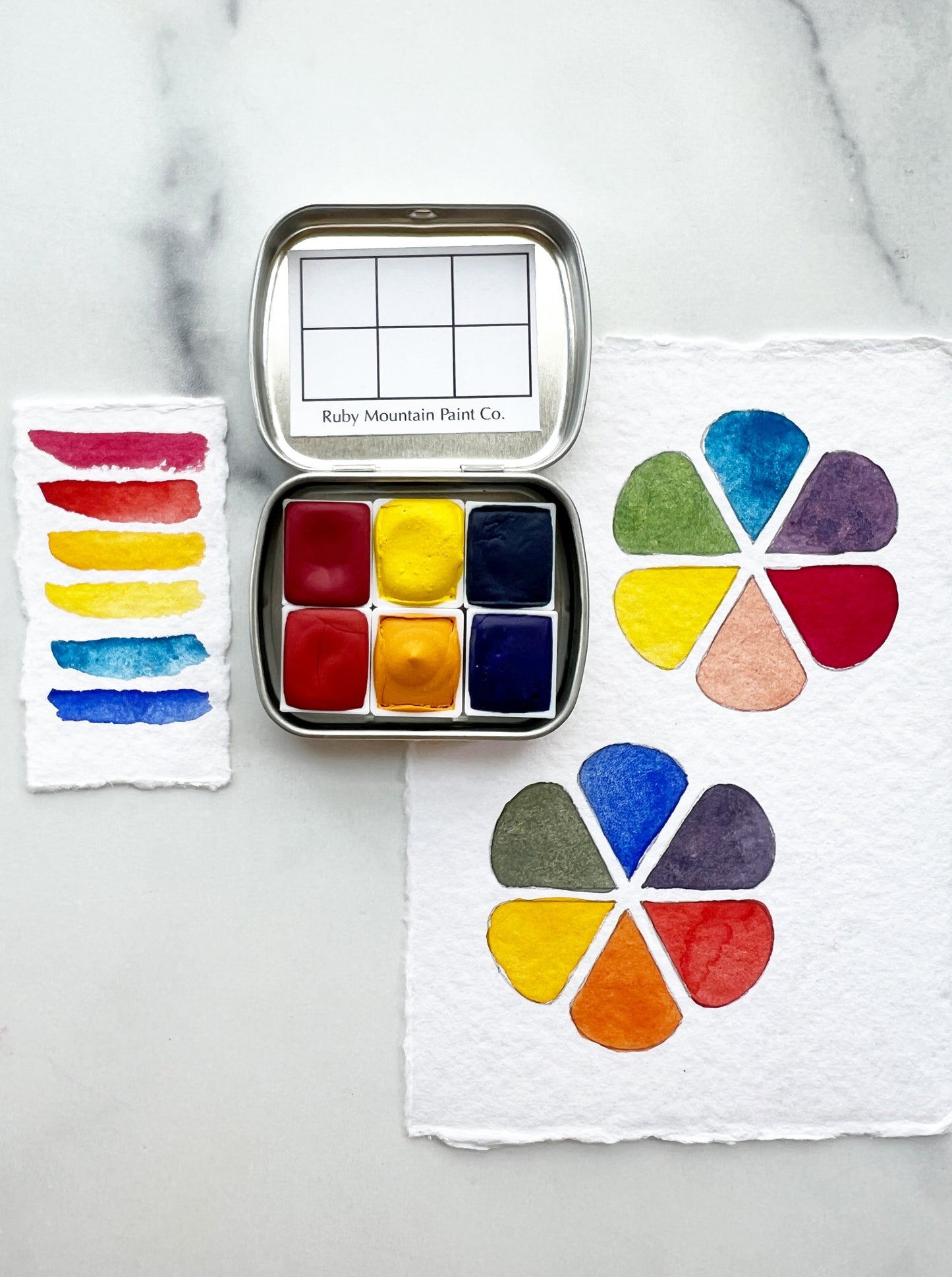 The Split 6 Primary Palette, a six color set of handmade watercolors