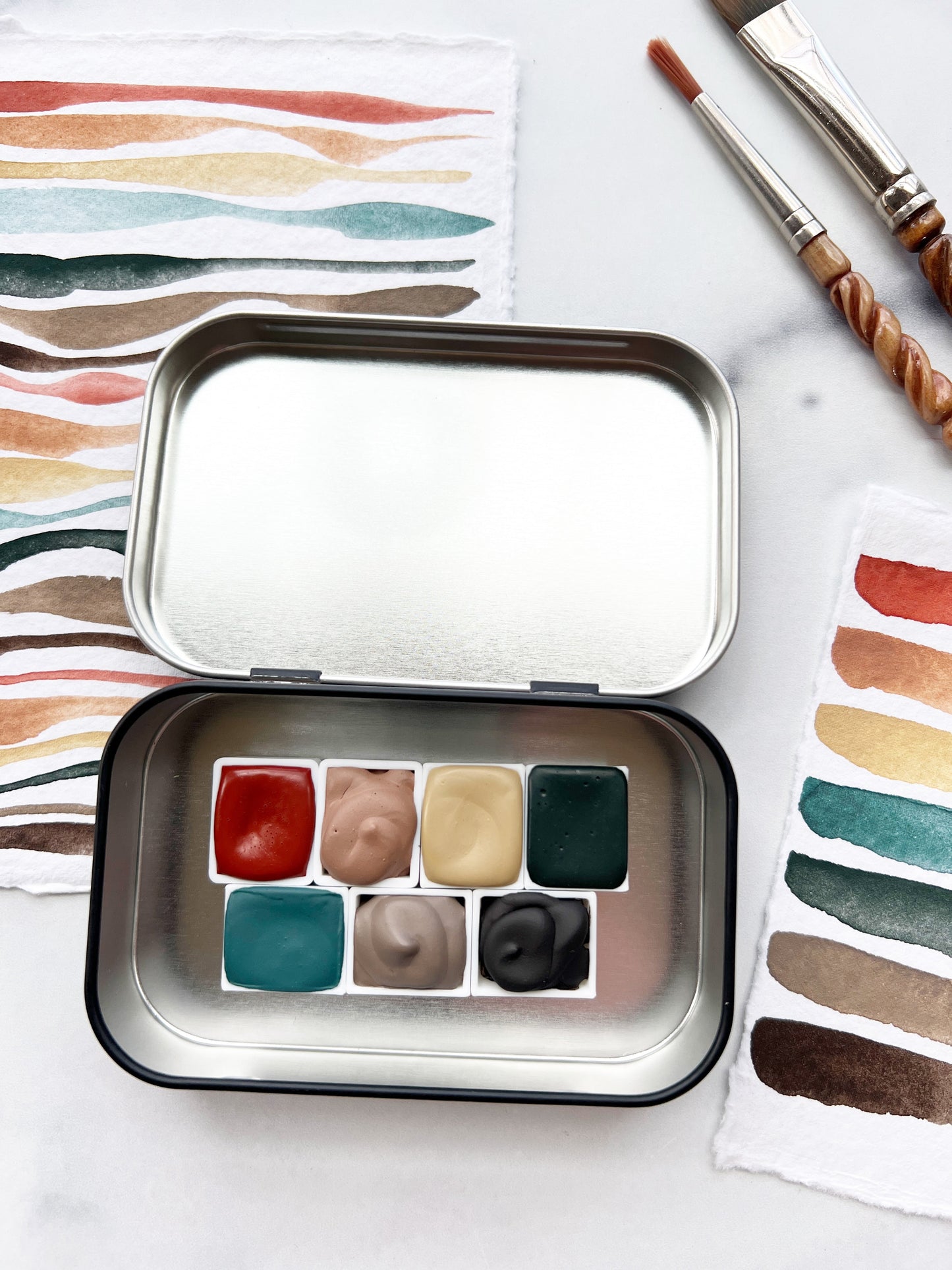 Redwood Grove Half Pan Palette, a collection of handmade watercolors in a travel tin