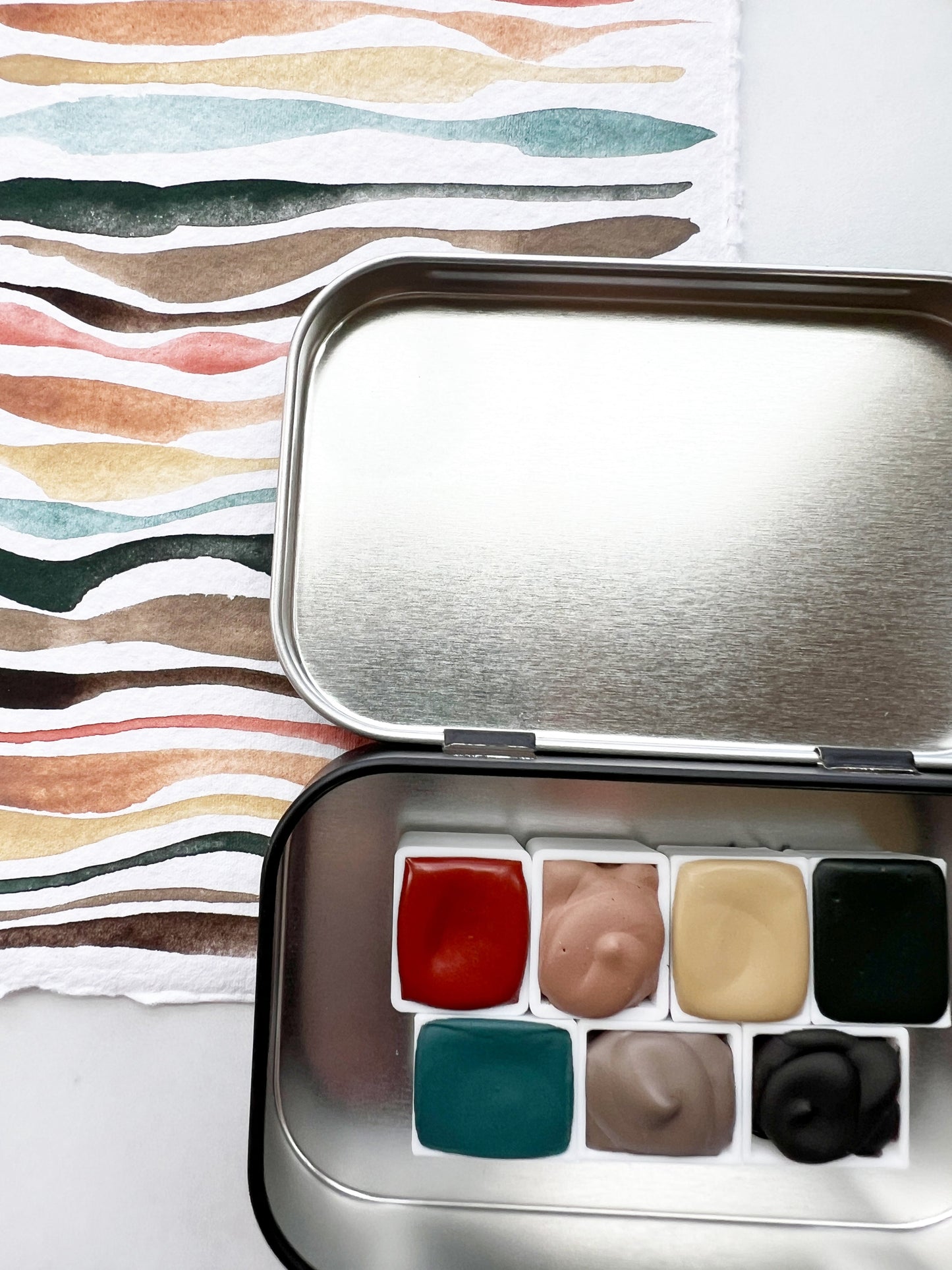 Redwood Grove Half Pan Palette, a collection of handmade watercolors in a travel tin