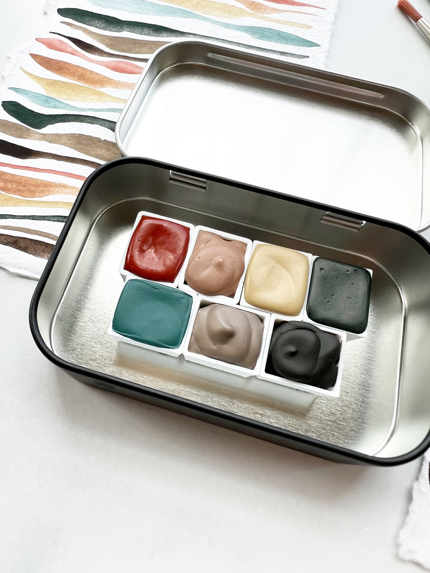 Redwood Grove Half Pan Palette, a collection of handmade watercolors in a travel tin