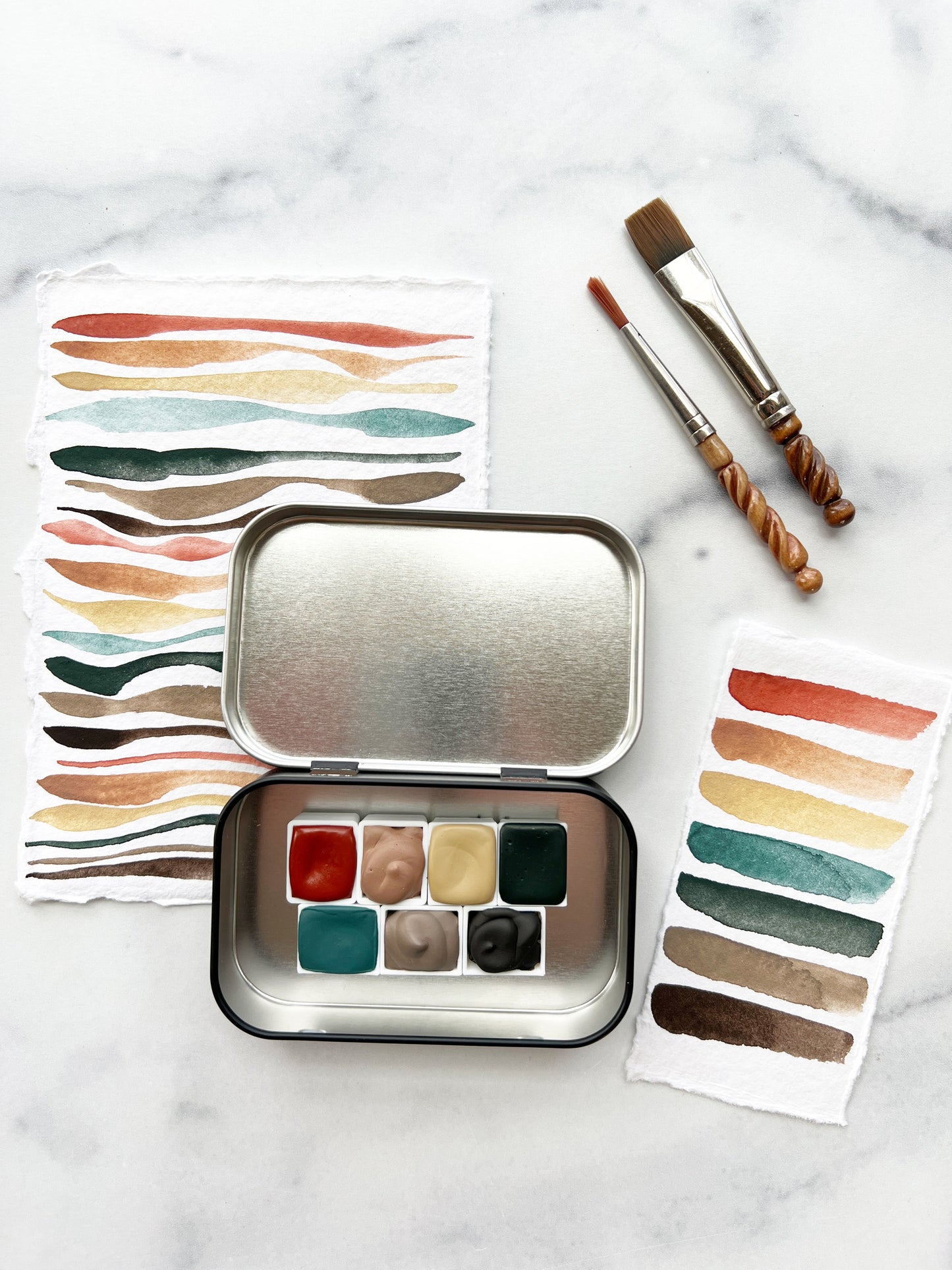 Redwood Grove Half Pan Palette, a collection of handmade watercolors in a travel tin