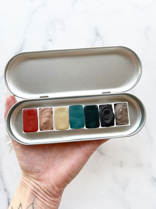 Redwood Grove Full Pan Palette, a collection of handmade watercolors in a travel tin