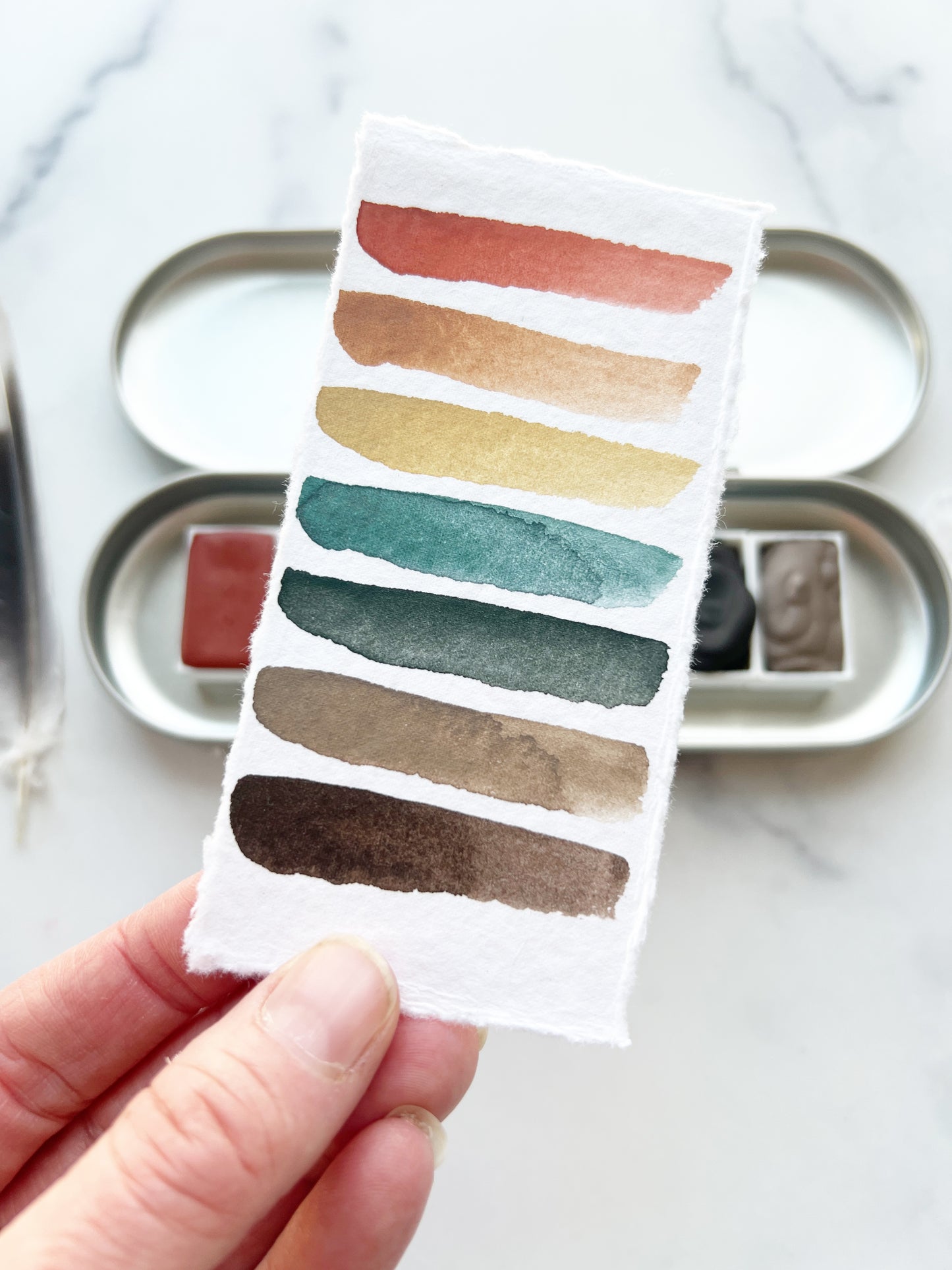 Redwood Grove Full Pan Palette, a collection of handmade watercolors in a travel tin