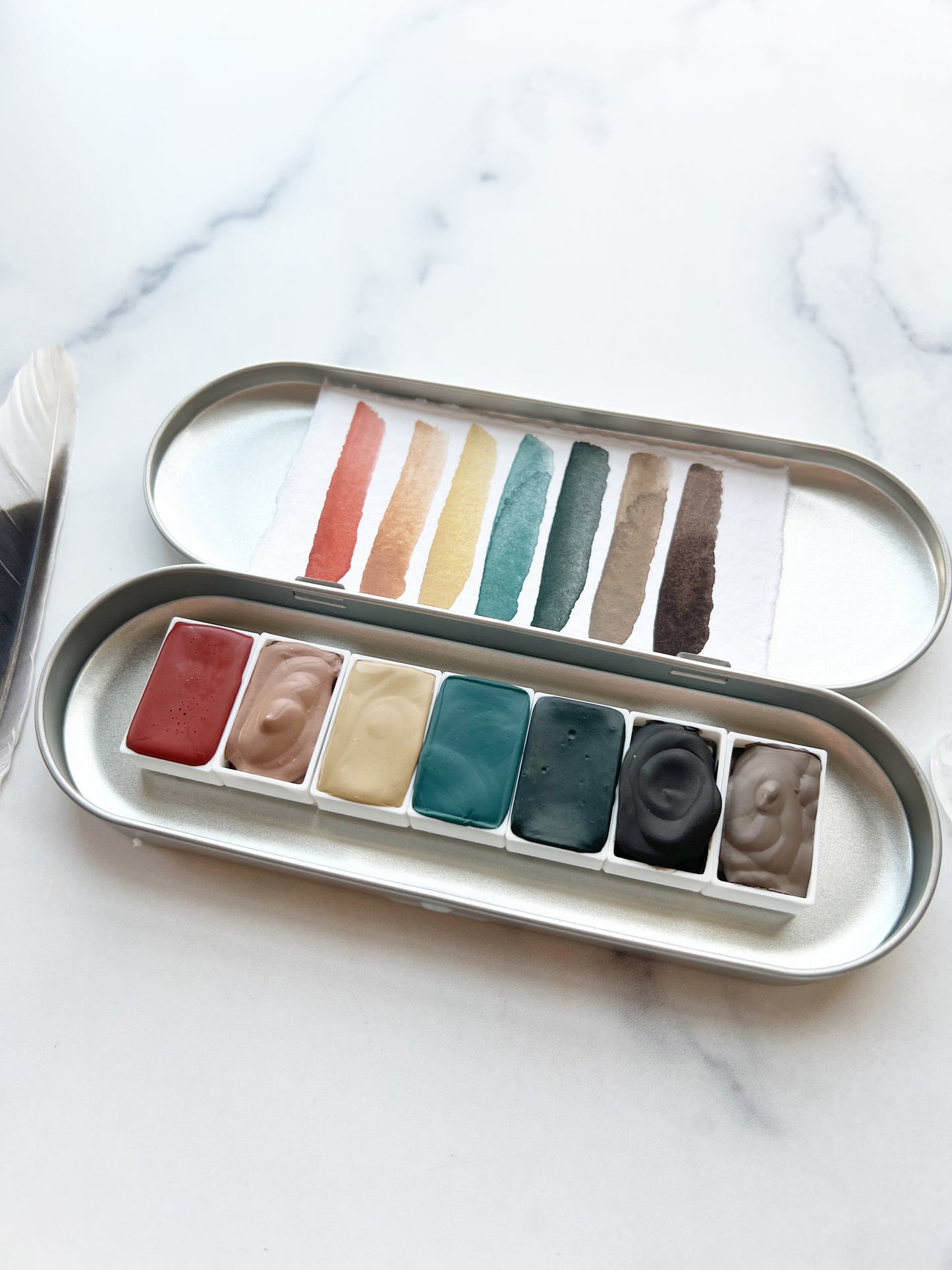 Redwood Grove Full Pan Palette, a collection of handmade watercolors in a travel tin