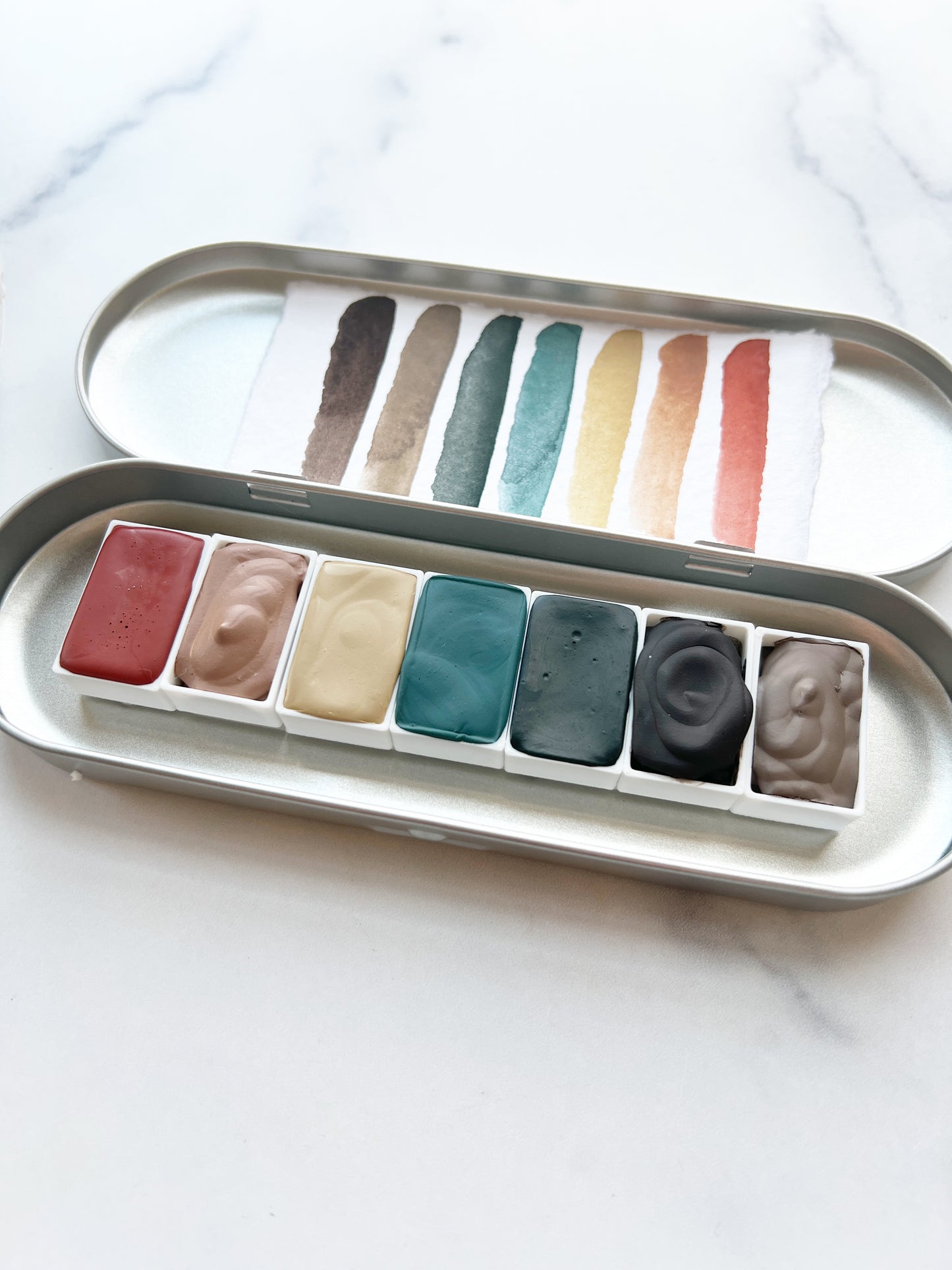 Redwood Grove Full Pan Palette, a collection of handmade watercolors in a travel tin