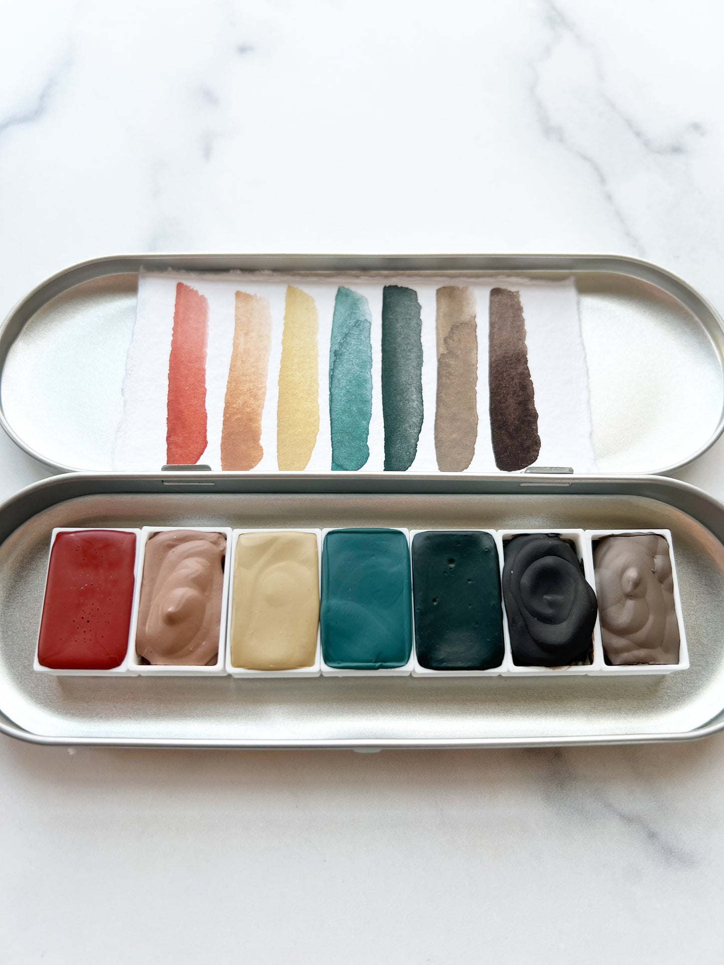 Redwood Grove Full Pan Palette, a collection of handmade watercolors in a travel tin