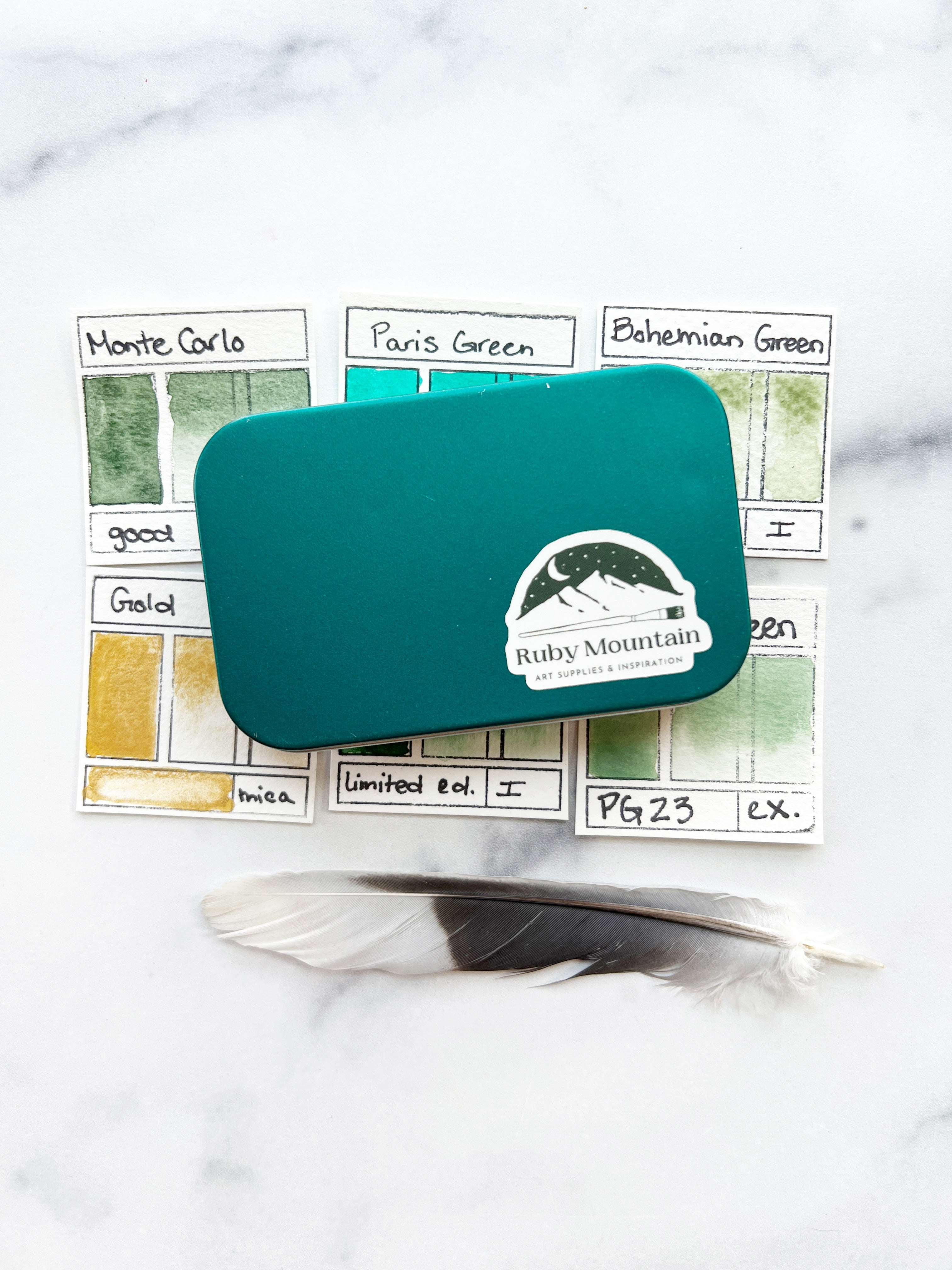 Spring Greens, a monochromatic palette of handmade watercolors