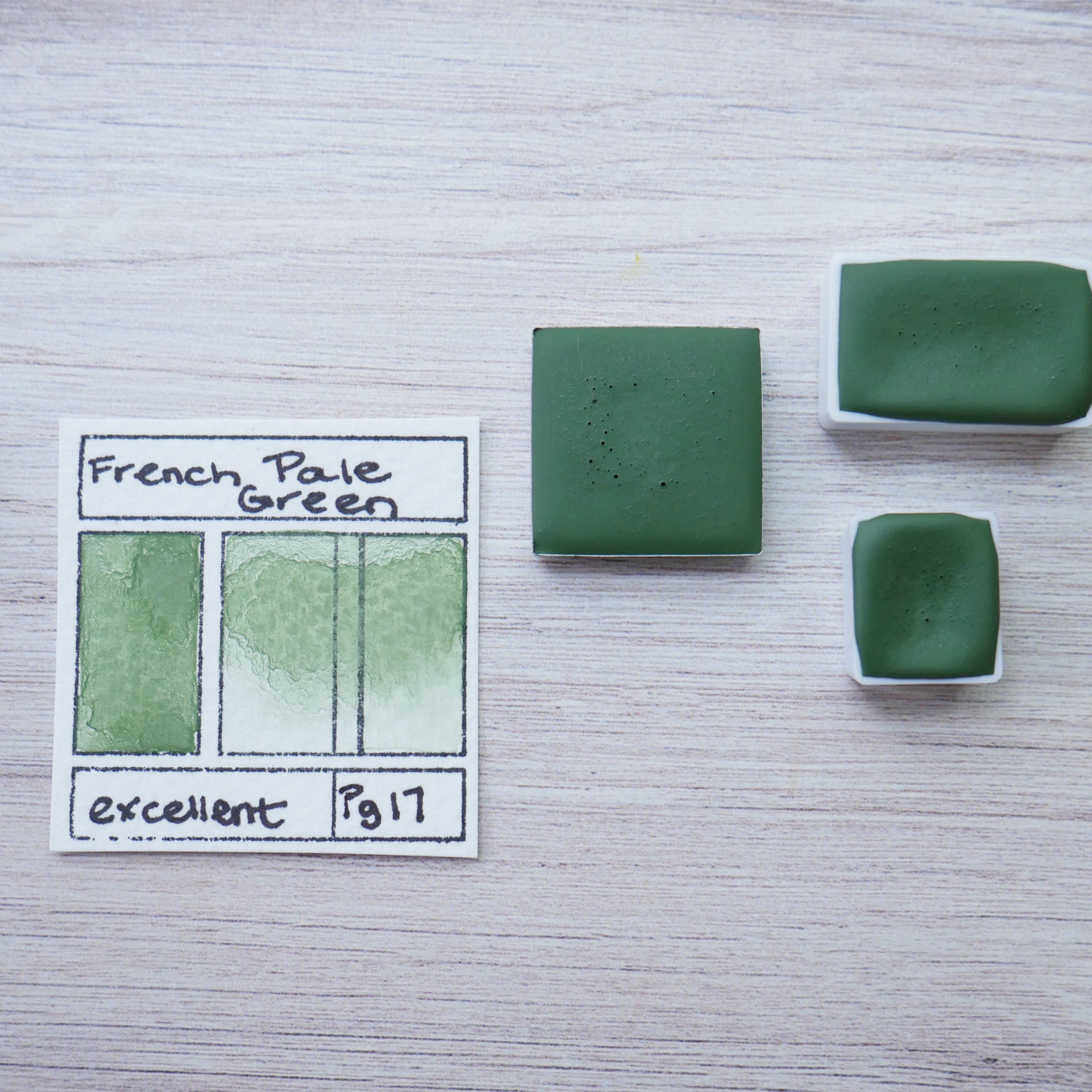 French Pale Green. Half pan, full pan or bottle cap of handmade watercolor paint