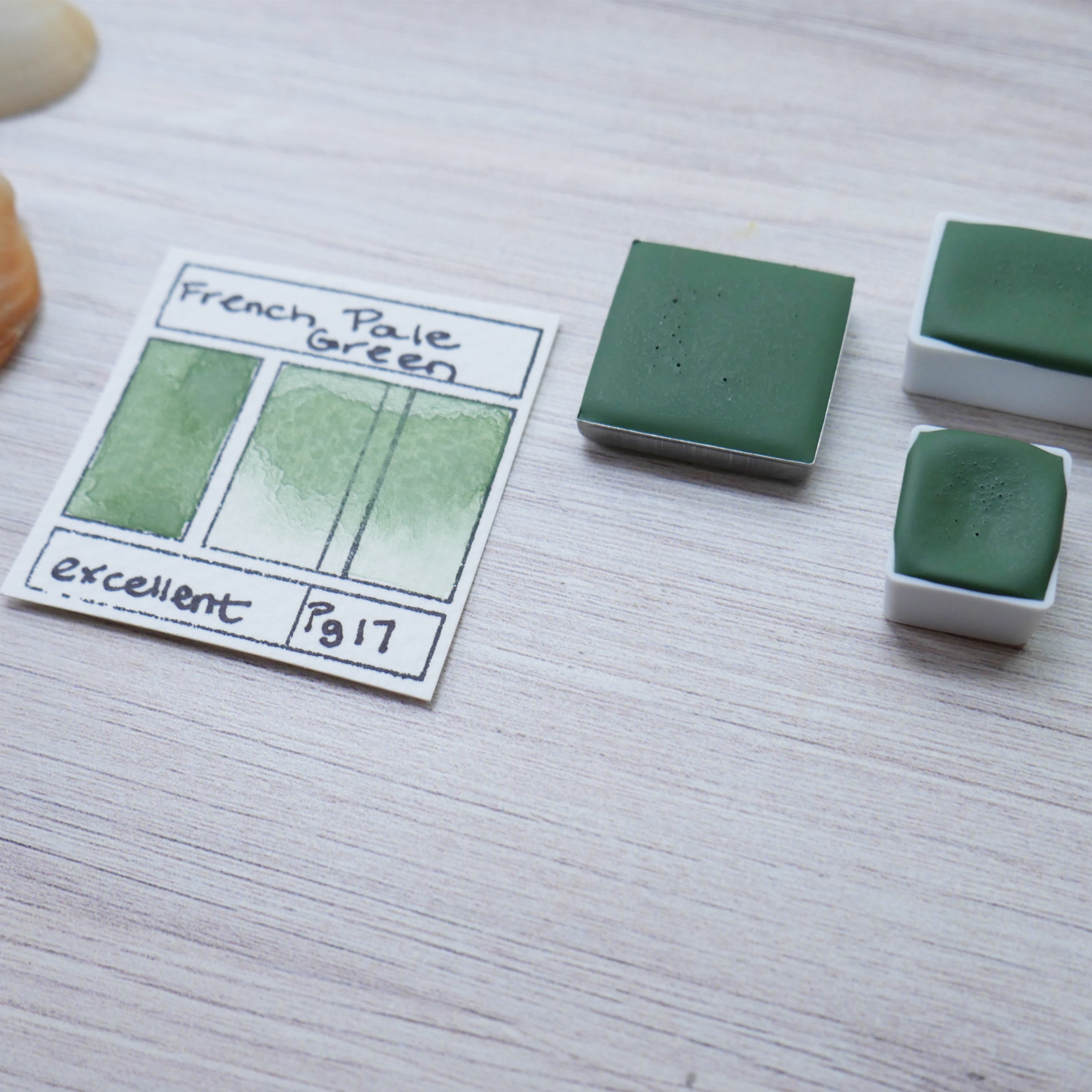French Pale Green. Half pan, full pan or bottle cap of handmade watercolor paint