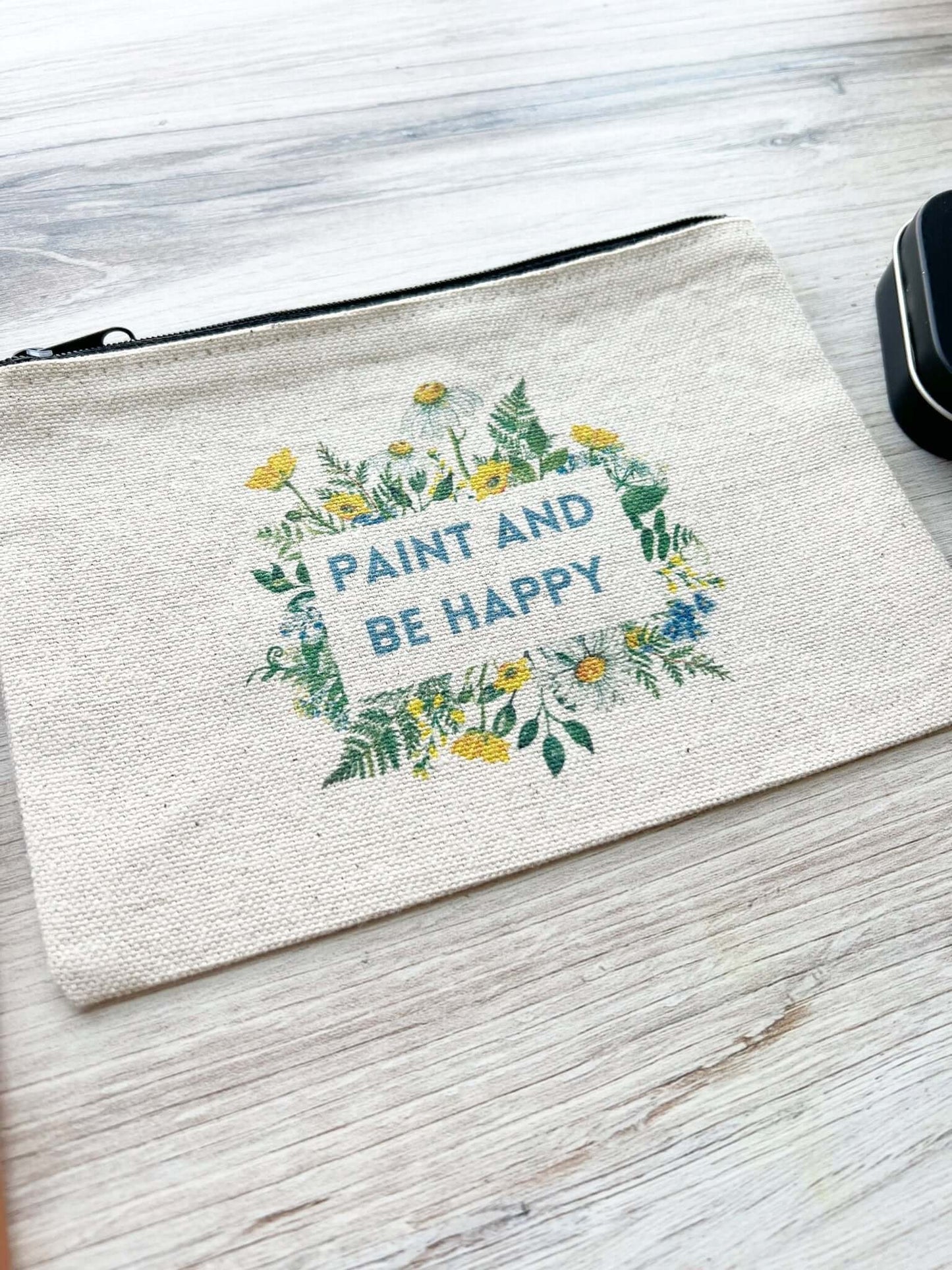 Blue and Yellow Floral Paint and Be Happy Canvas Zip Pouch 5" x 7"